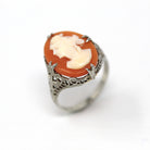 Sale - Filigree Cameo Ring - Art Deco 10k White Gold Genuine Carved Shell Gem - Antique Circa 1920s Size 5.5 Ostby Barton Maltese Jewelry