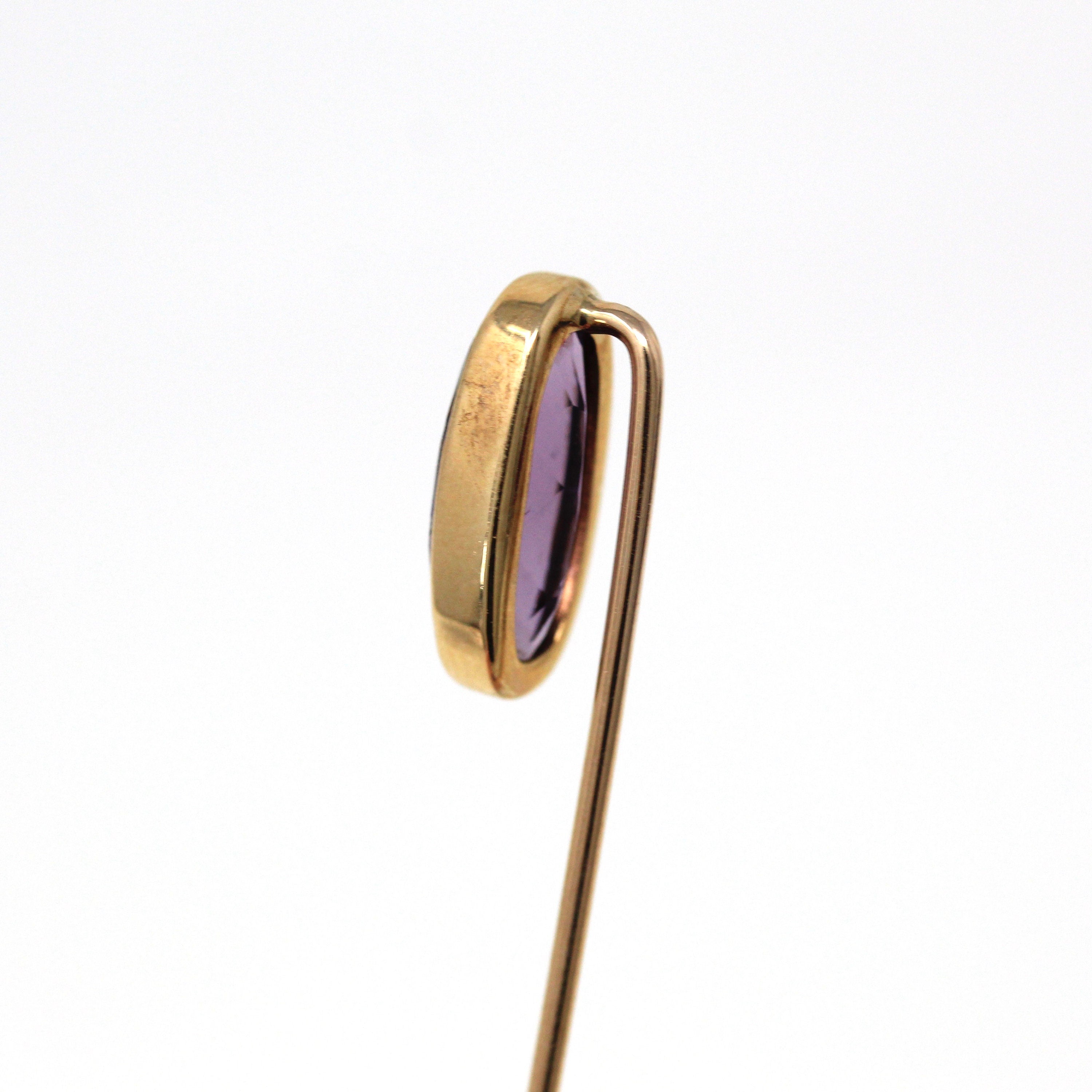 Sale - Antique Stick Pin - Edwardian 10k Yellow Gold Oval Faceted Simulated Amethyst Glass Stone - Circa 1910s Era Fashion Accessory Jewelry