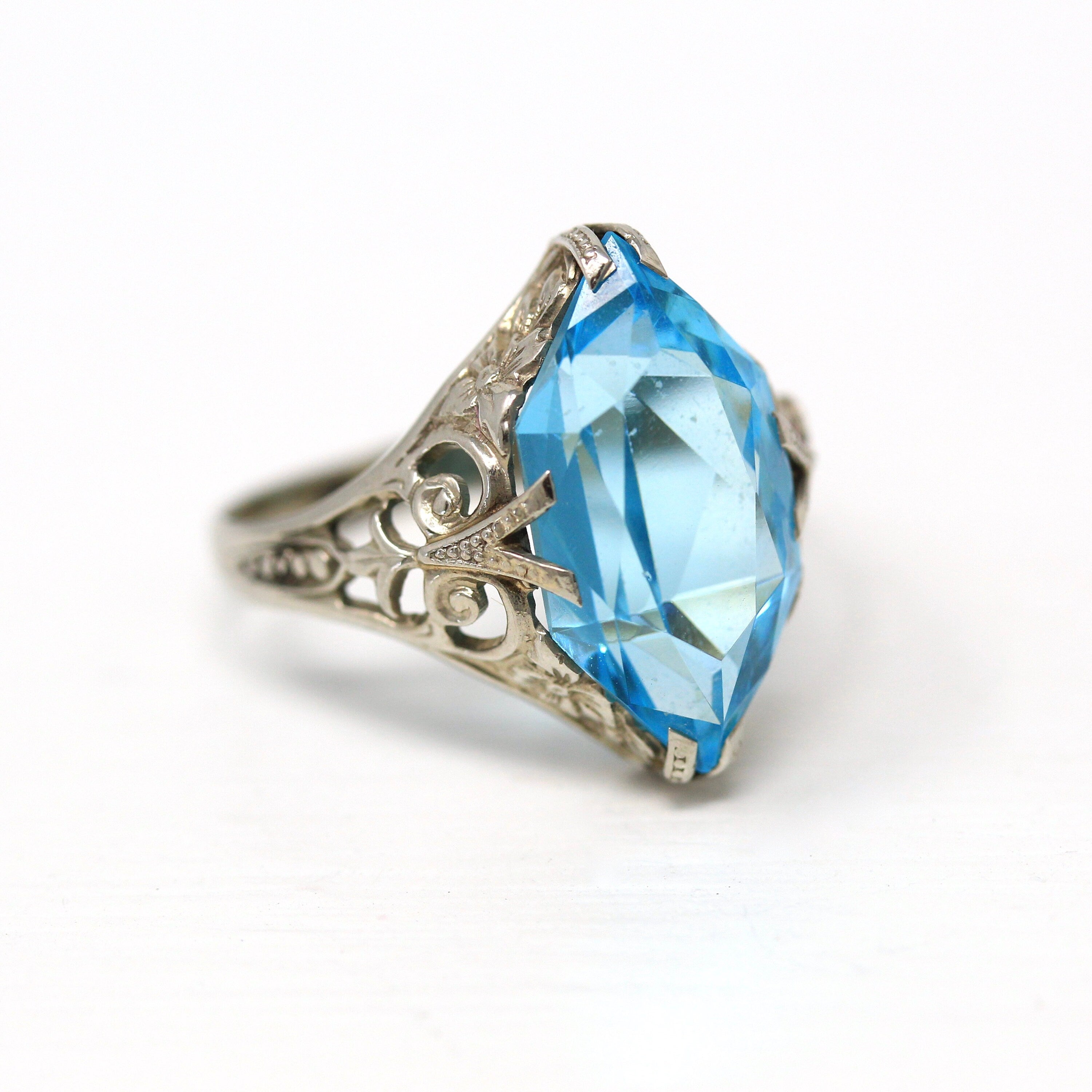 Sale - Art Deco Ring - Vintage 10k White Gold Filigree Simulated Aquamarine - Circa 1930s Size 6.5 Blue Glass March Birthstone Fine Jewelry