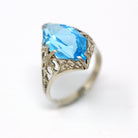 Sale - Art Deco Ring - Vintage 10k White Gold Filigree Simulated Aquamarine - Circa 1930s Size 6.5 Blue Glass March Birthstone Fine Jewelry