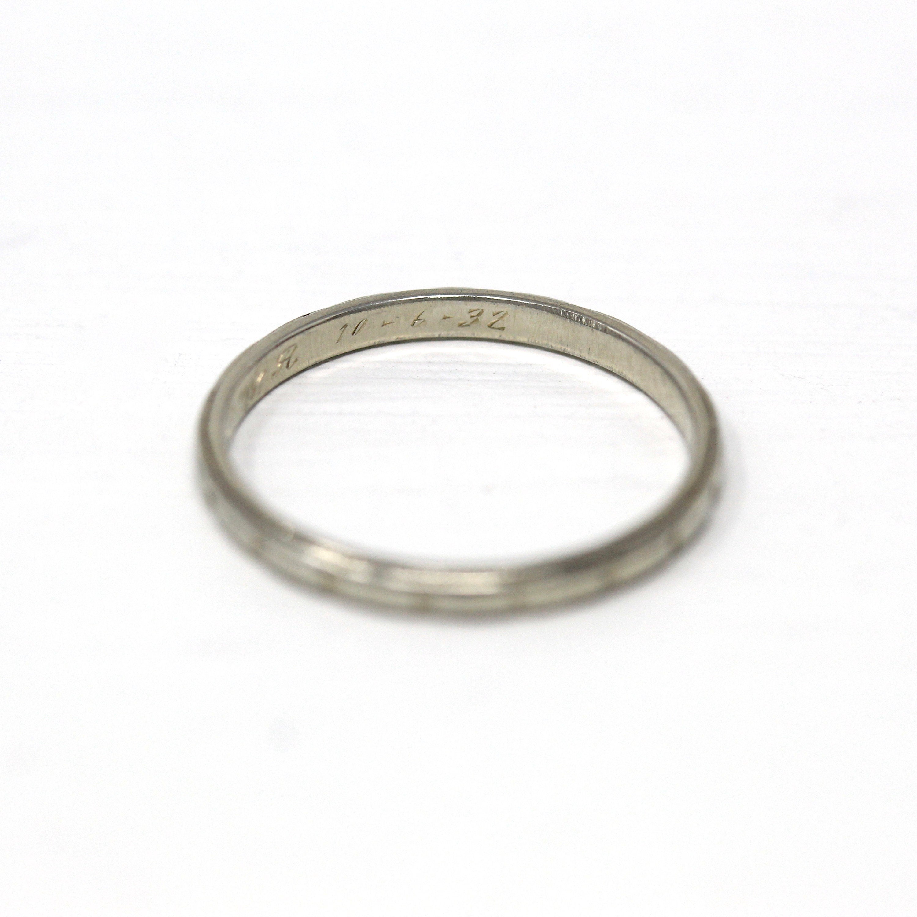 Sale - Dated 1932 Band - Art Deco 18k White Gold Engraved Initials Milgrain Design Ring - Vintage Dated "10-6-32" Size 6 1/4 Wedding Jewelry