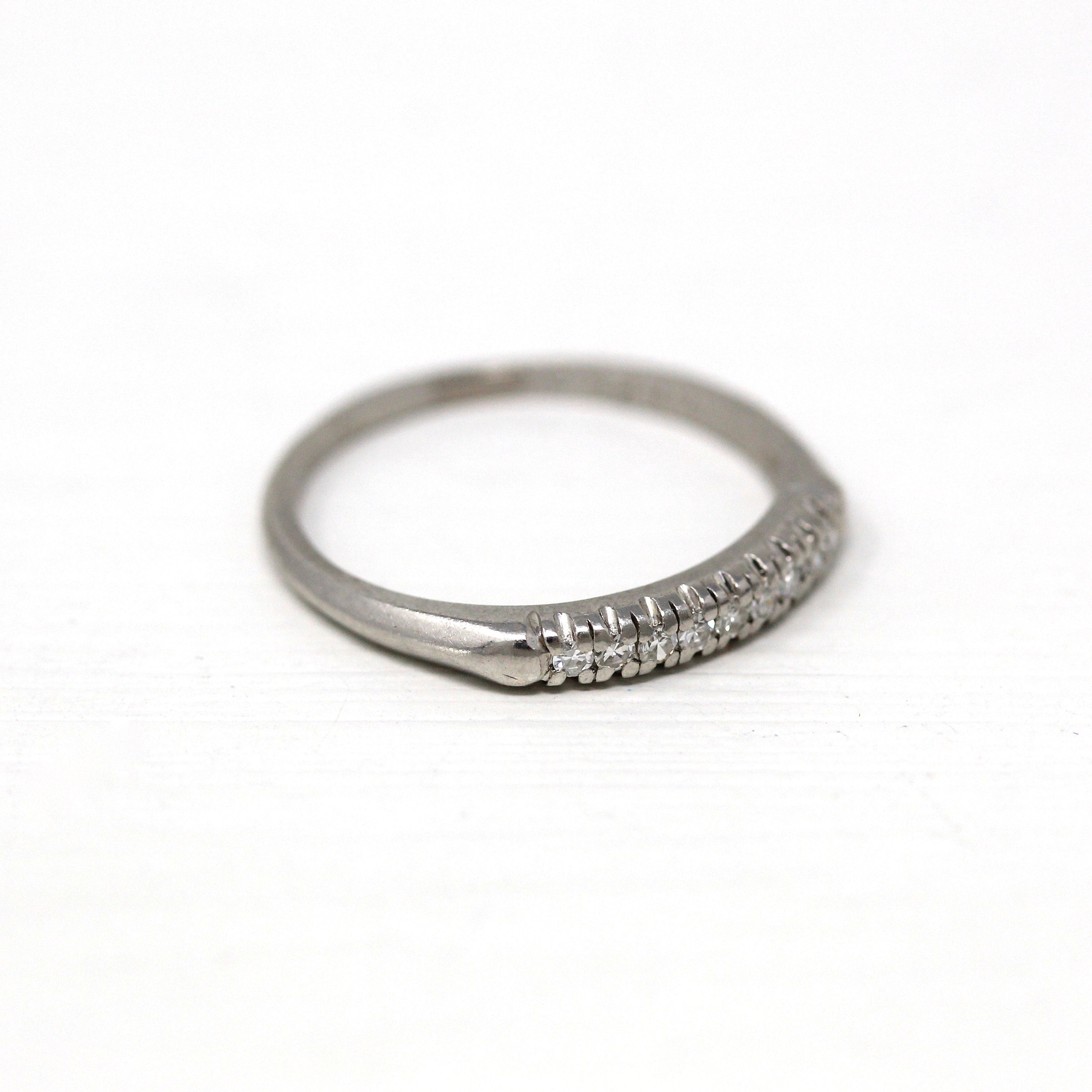 Vintage Diamond Band - Mid Century Platinum .09 CTW Genuine Single Cut Gems Wedding Ring - Circa 1950s Era Size 5.25 Stacking 50s Jewelry