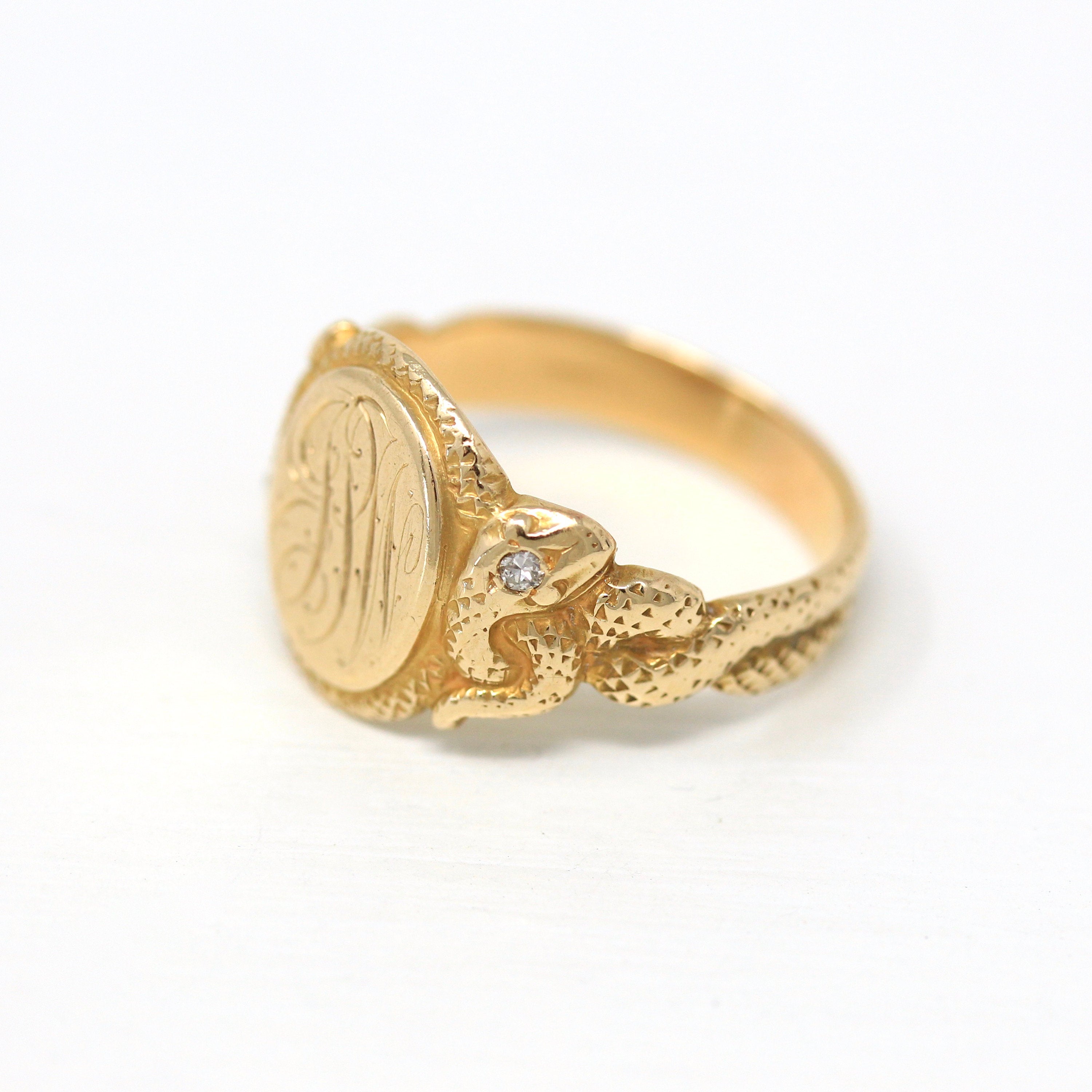 Snake Signet Ring - Edwardian Era 14k Yellow Gold Engraved Initials JPW Letters - Antique Dated 1904 Size 7 Fine Diamond Rare Jewelry