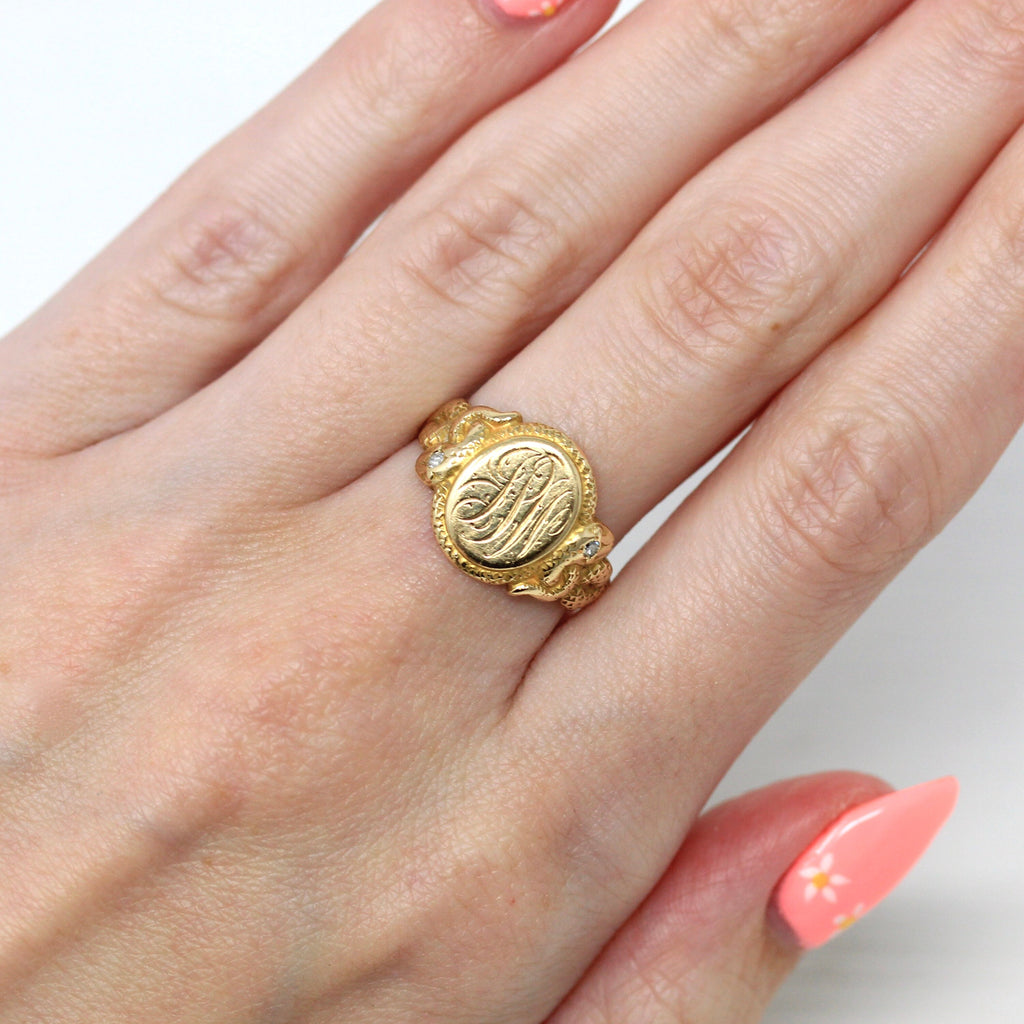 Snake Signet Ring - Edwardian Era 14k Yellow Gold Engraved Initials JPW Letters - Antique Dated 1904 Size 7 Fine Diamond Rare Jewelry