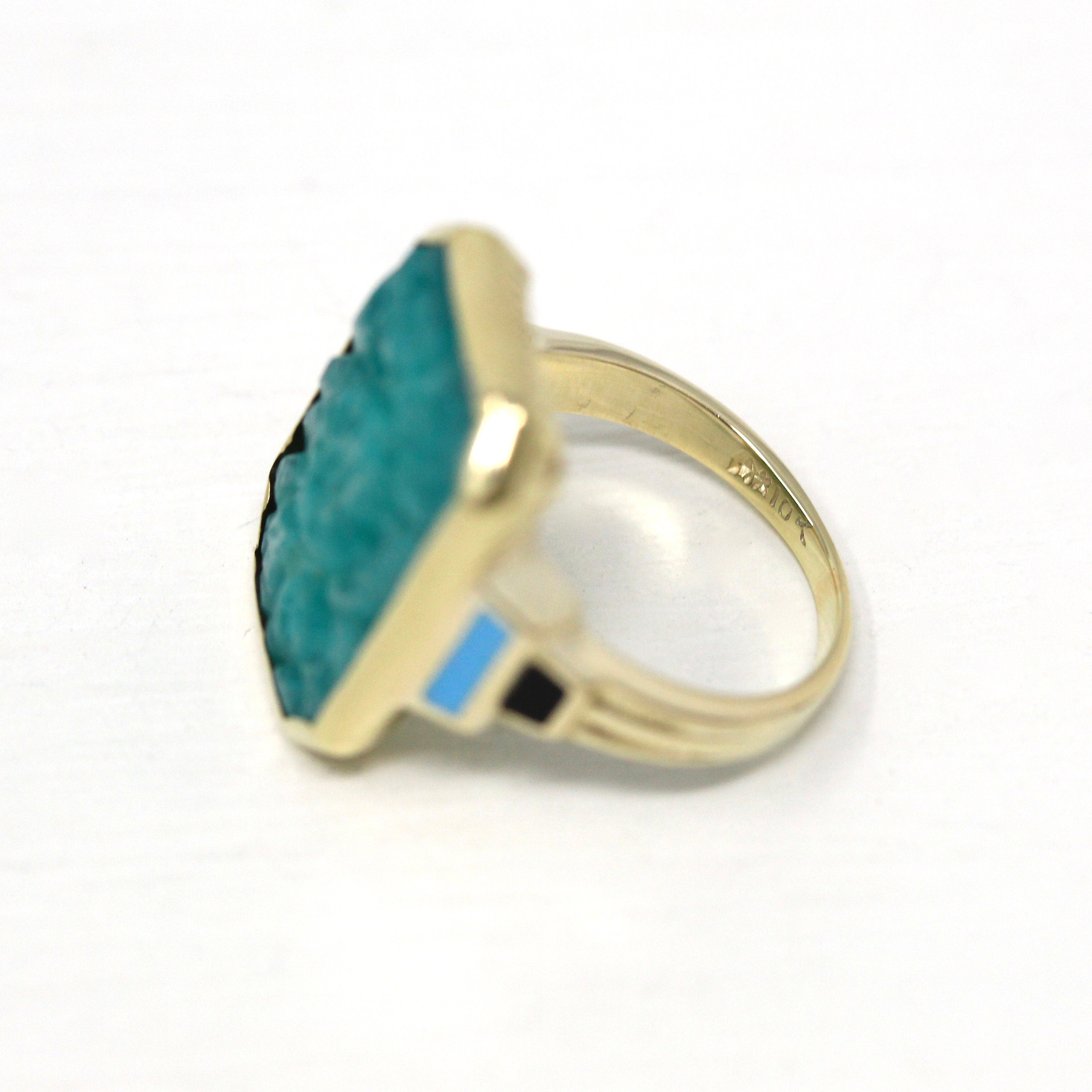 Vintage Amazonite Ring - Art Deco 10k Yellow Gold Carved Floral Gemstone - Antique Circa 1930s Size 3 Blue & Black Enamel Fine Jewelry