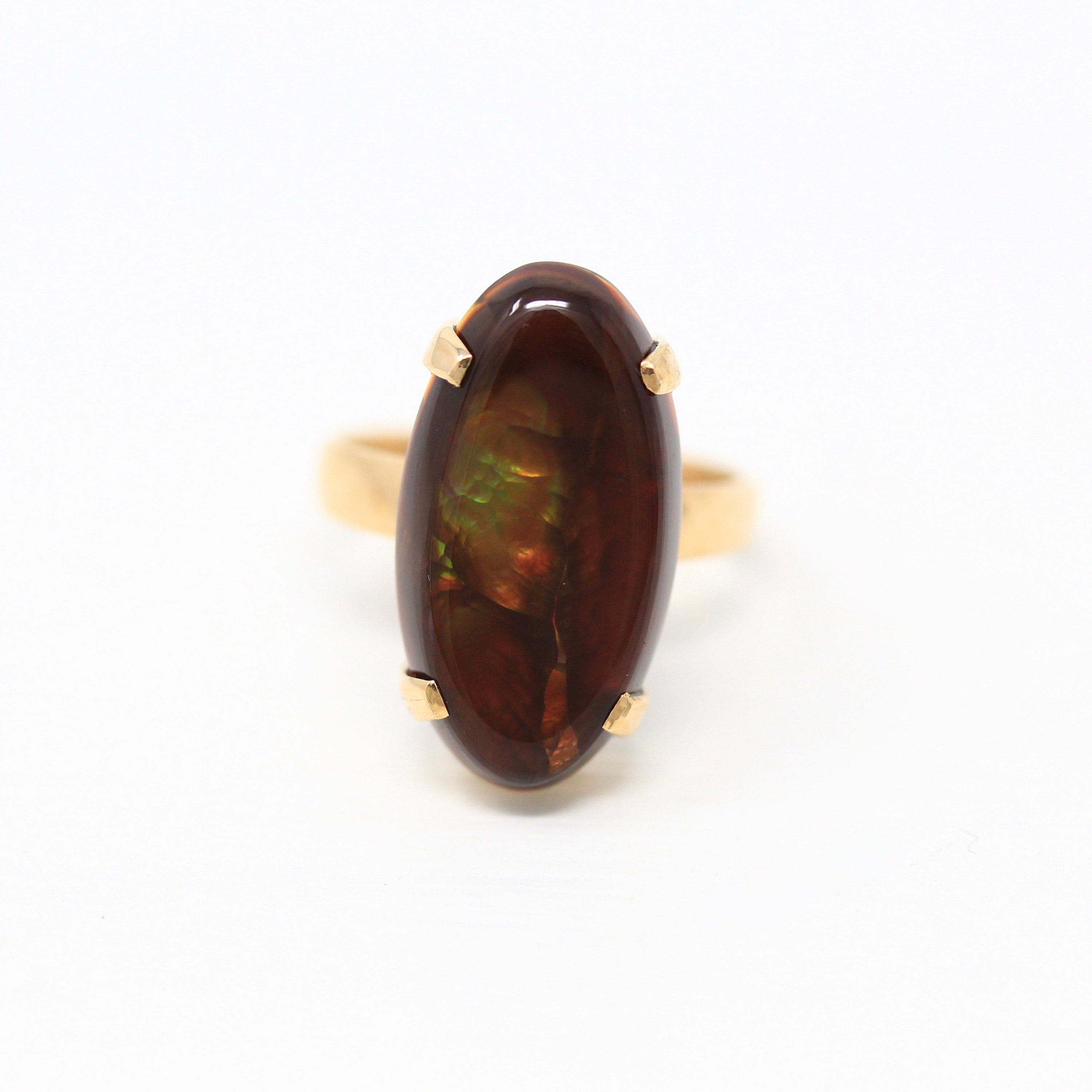 Sale - Genuine Fire Agate Ring - Estate 14k Yellow Gold Cabochon Cut Unique Brown Gemstone - Size 5 Statement 4.93 Ct Oblong Fine Jewelry