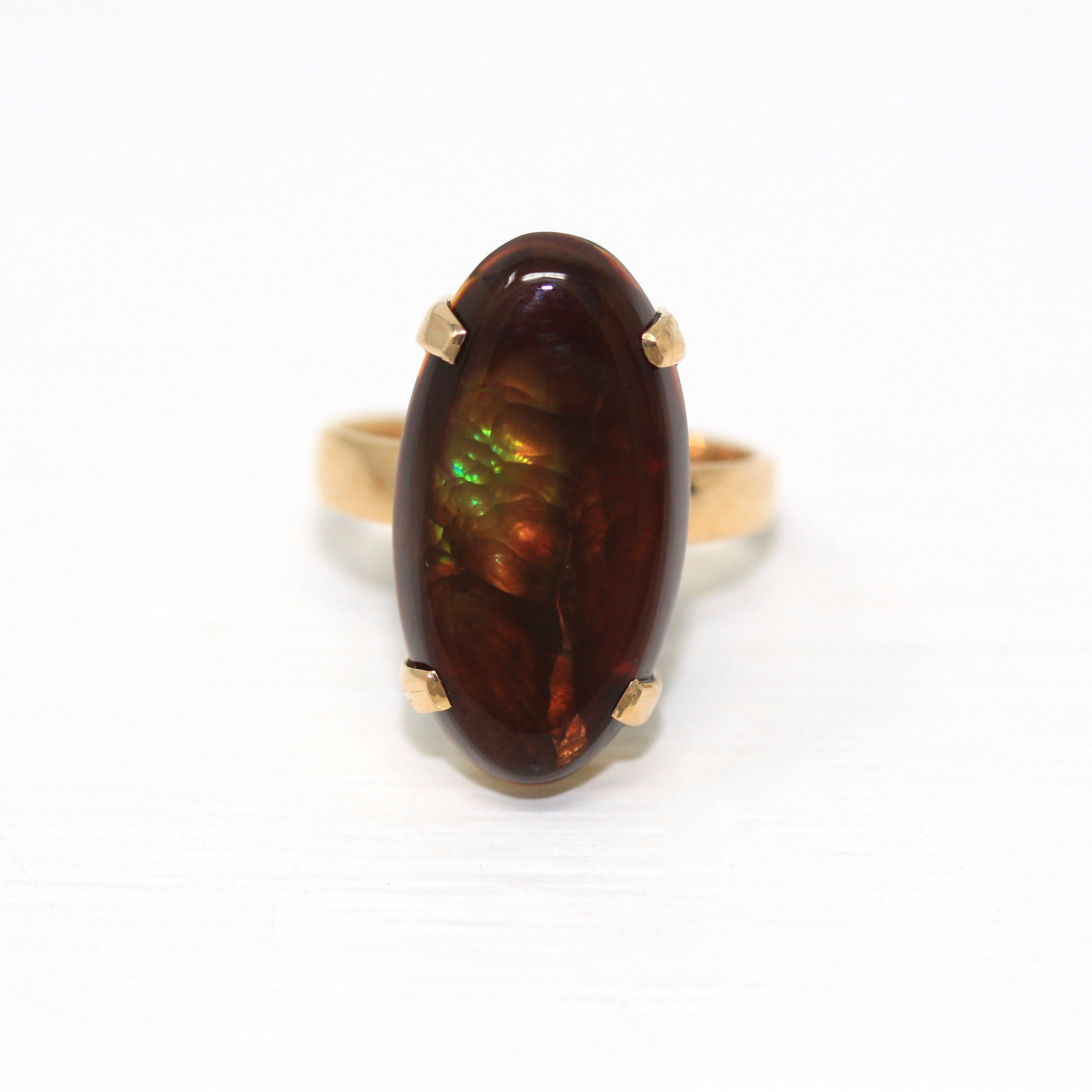 Sale - Genuine Fire Agate Ring - Estate 14k Yellow Gold Cabochon Cut Unique Brown Gemstone - Size 5 Statement 4.93 Ct Oblong Fine Jewelry