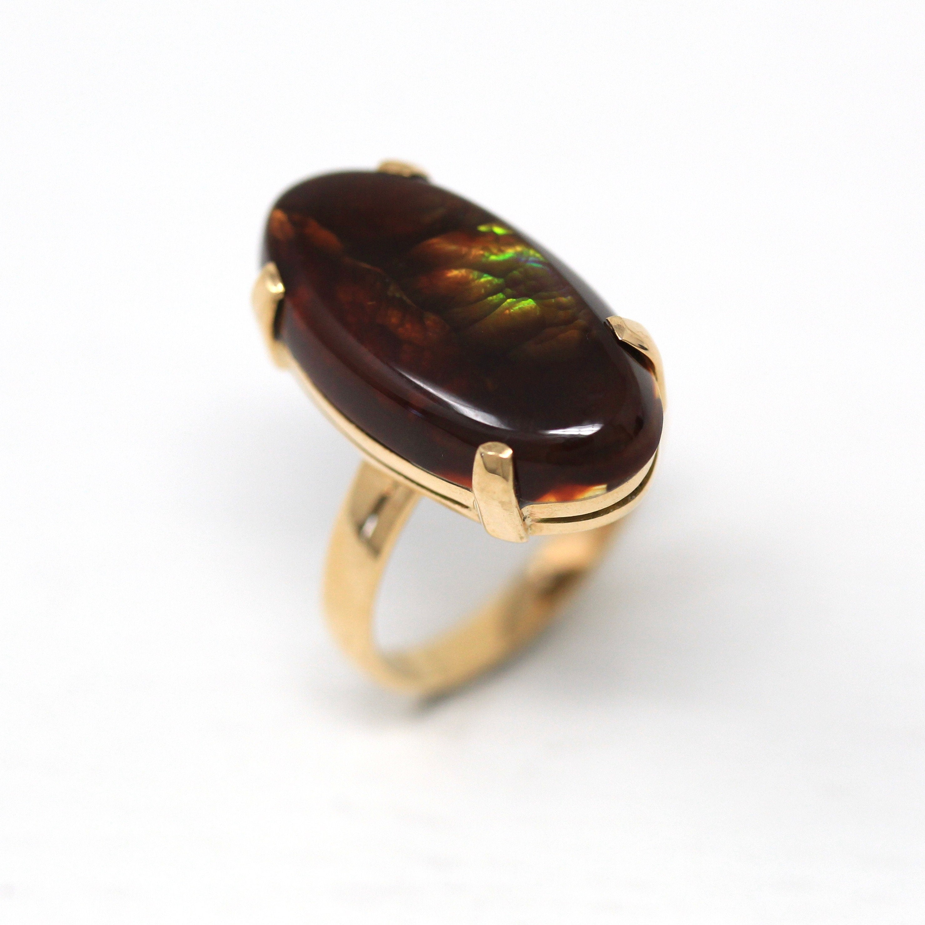 Sale - Genuine Fire Agate Ring - Estate 14k Yellow Gold Cabochon Cut Unique Brown Gemstone - Size 5 Statement 4.93 Ct Oblong Fine Jewelry