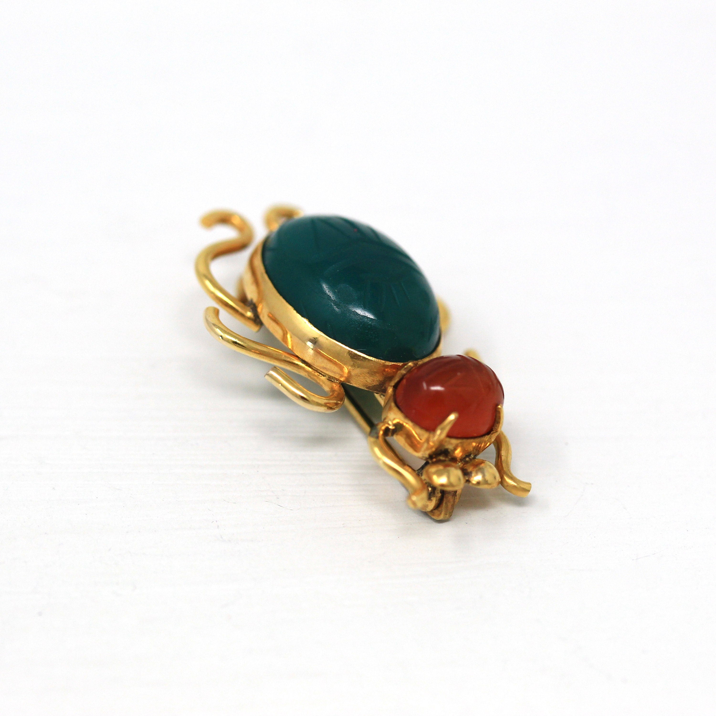 Vintage Bug Brooch - Retro 12k Gold Filled Genuine Carnelian Dyed Green Chalcedony Scarab Pin - Circa 1960s Era Beetle Insect WRE Jewelry