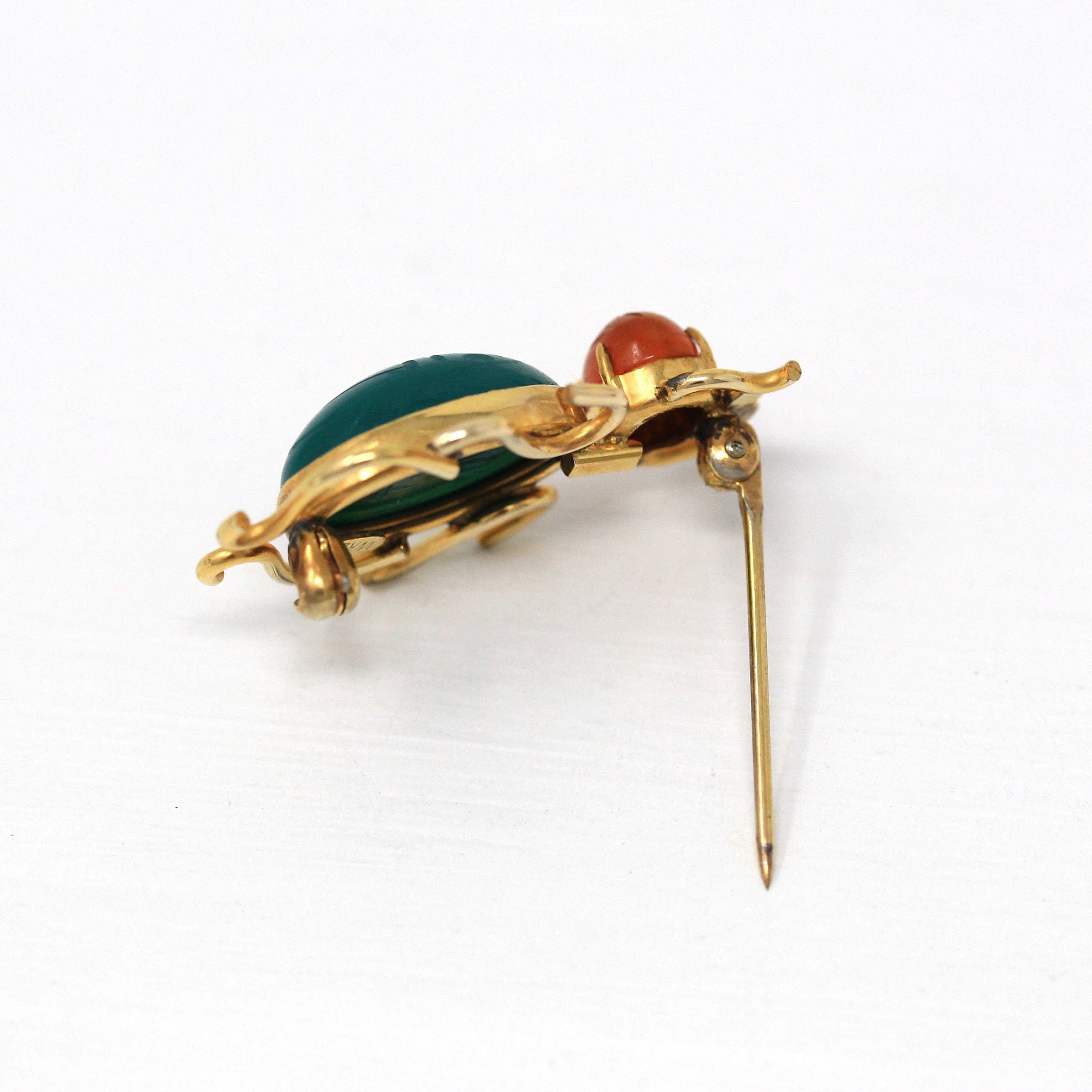 Vintage Bug Brooch - Retro 12k Gold Filled Genuine Carnelian Dyed Green Chalcedony Scarab Pin - Circa 1960s Era Beetle Insect WRE Jewelry