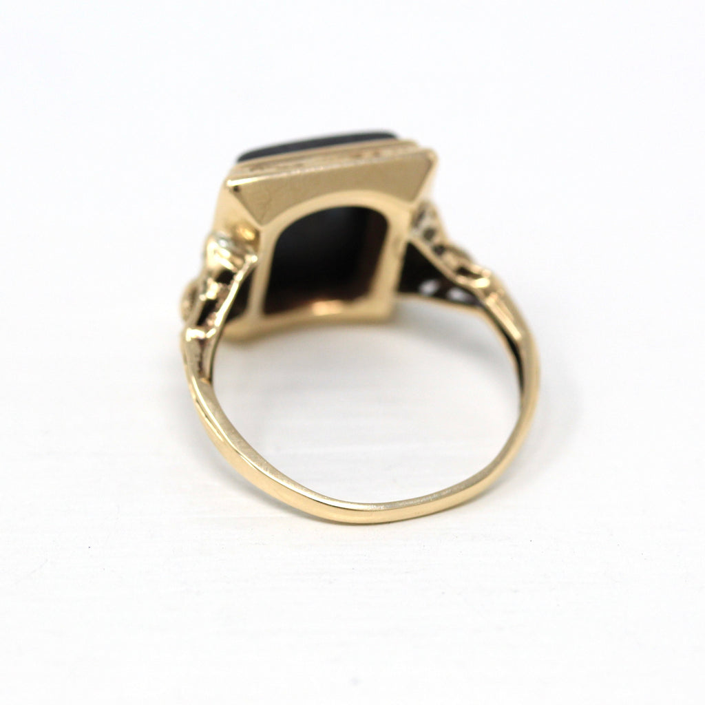 Vintage Hematite Ring - Art Deco 10k Yellow Gold Carved Intaglio Gray Gemstone Warrior - Circa 1930s Era Size 5 1/2 Statement Fine Jewelry