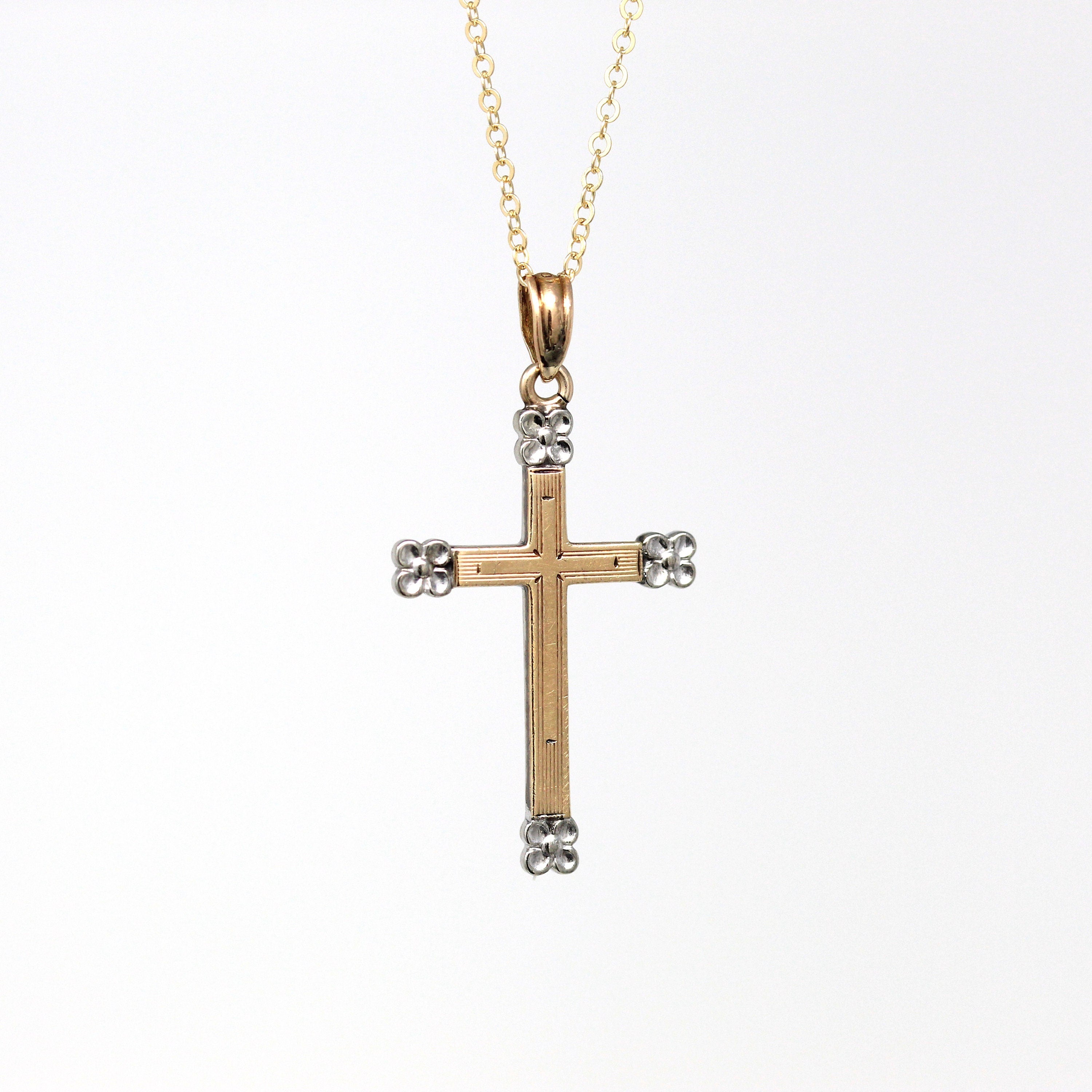 Sale - Vintage Cross Necklace - Retro 10k Yellow & White Gold Flower Motifs Crucifix Pendant - Circa 1940s Era Religious Faith 40s Jewelry