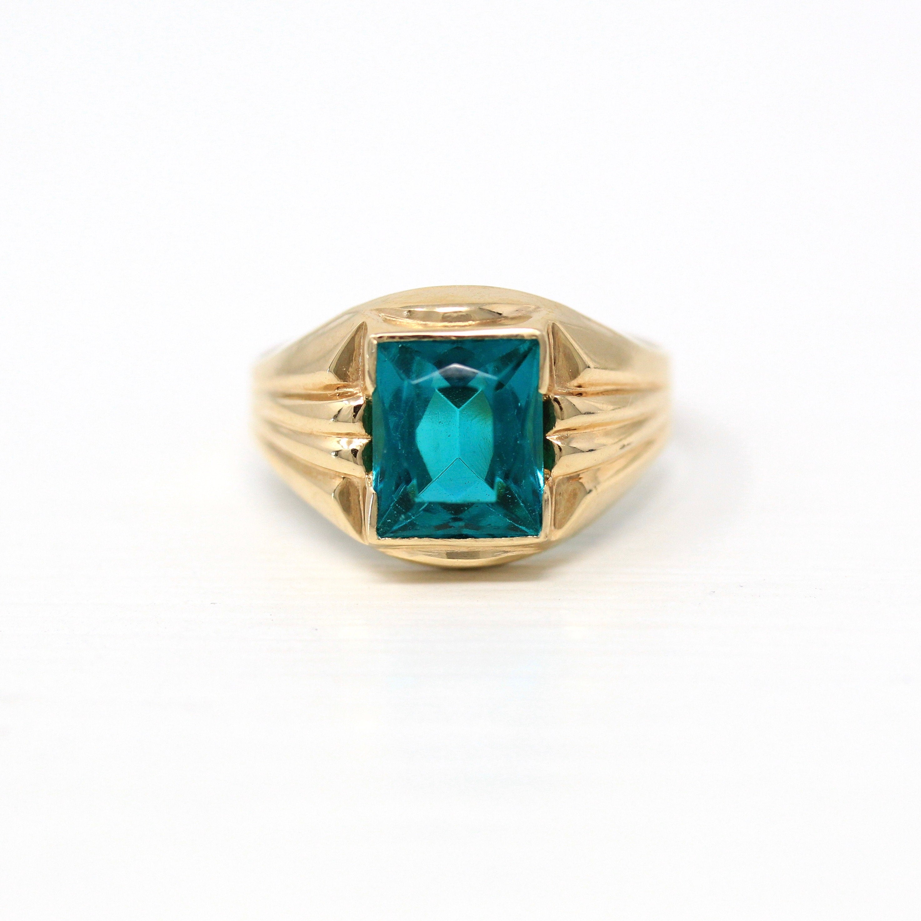 Simulated Emerald Ring - Retro 10k Yellow Gold Rectangular Faceted Green Glass Stone - Vintage 1960s Size 5 1/4 New Old Stock Fine Jewelry