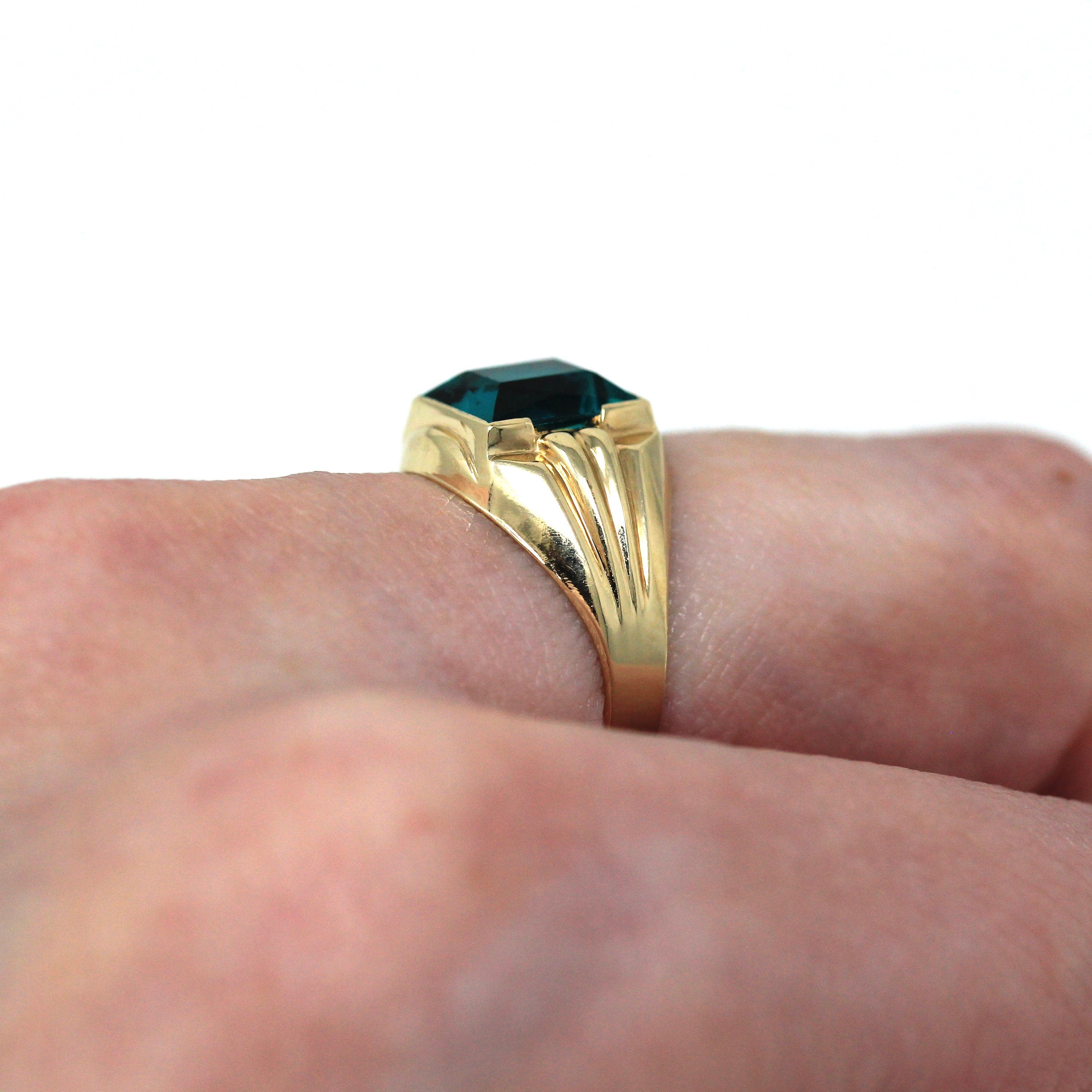 Simulated Emerald Ring - Retro 10k Yellow Gold Rectangular Faceted Green Glass Stone - Vintage 1960s Size 5 1/4 New Old Stock Fine Jewelry