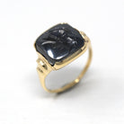 Vintage Hematite Ring - Retro 10k Yellow Gold Carved Intaglio Gray Gemstone Warrior - Circa 1940s Era Size 6 1/4 Statement Fine 40s Jewelry