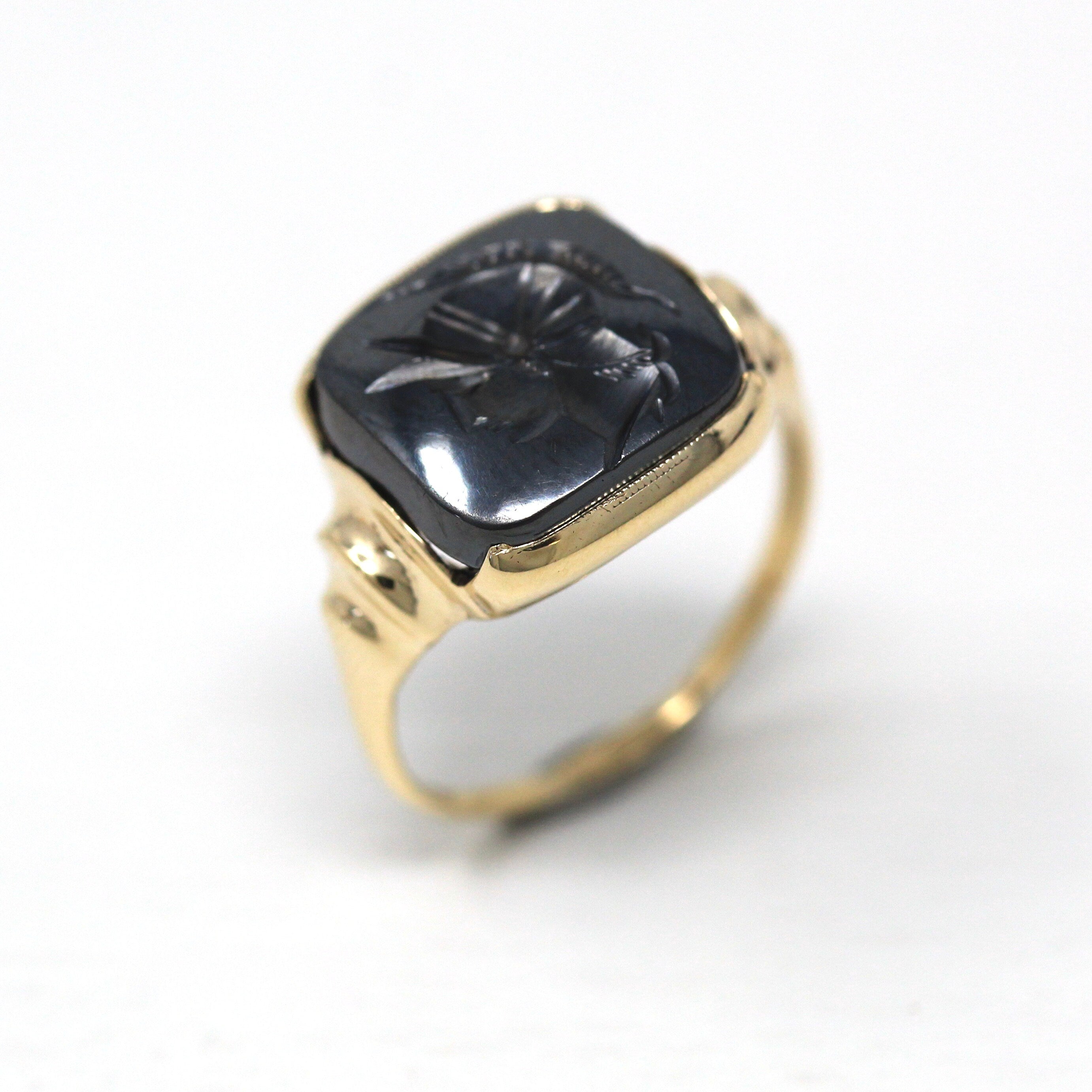 Vintage Hematite Ring - Retro 10k Yellow Gold Carved Intaglio Gray Gemstone Warrior - Circa 1940s Era Size 6 1/4 Statement Fine 40s Jewelry