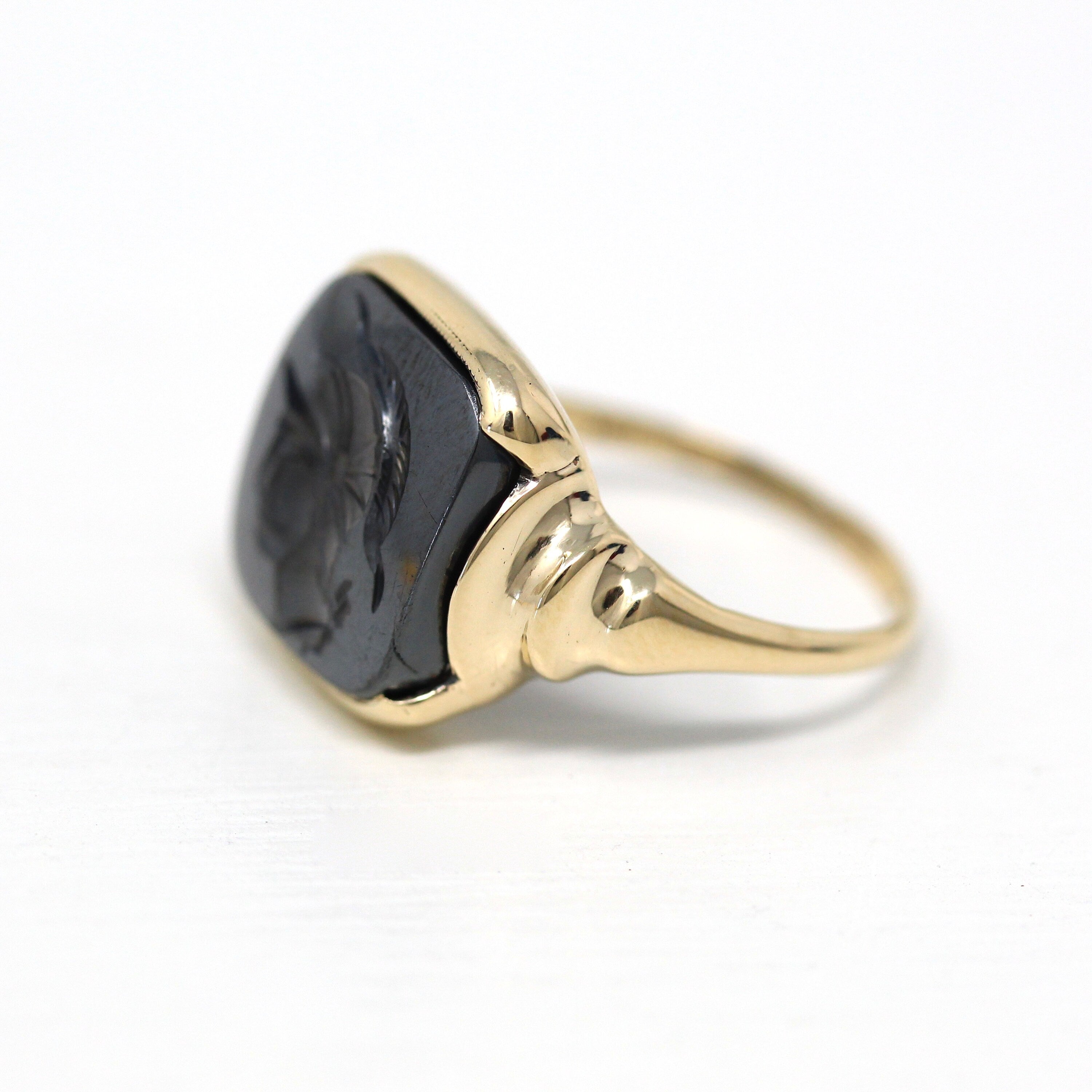 Vintage Hematite Ring - Retro 10k Yellow Gold Carved Intaglio Gray Gemstone Warrior - Circa 1940s Era Size 6 1/4 Statement Fine 40s Jewelry