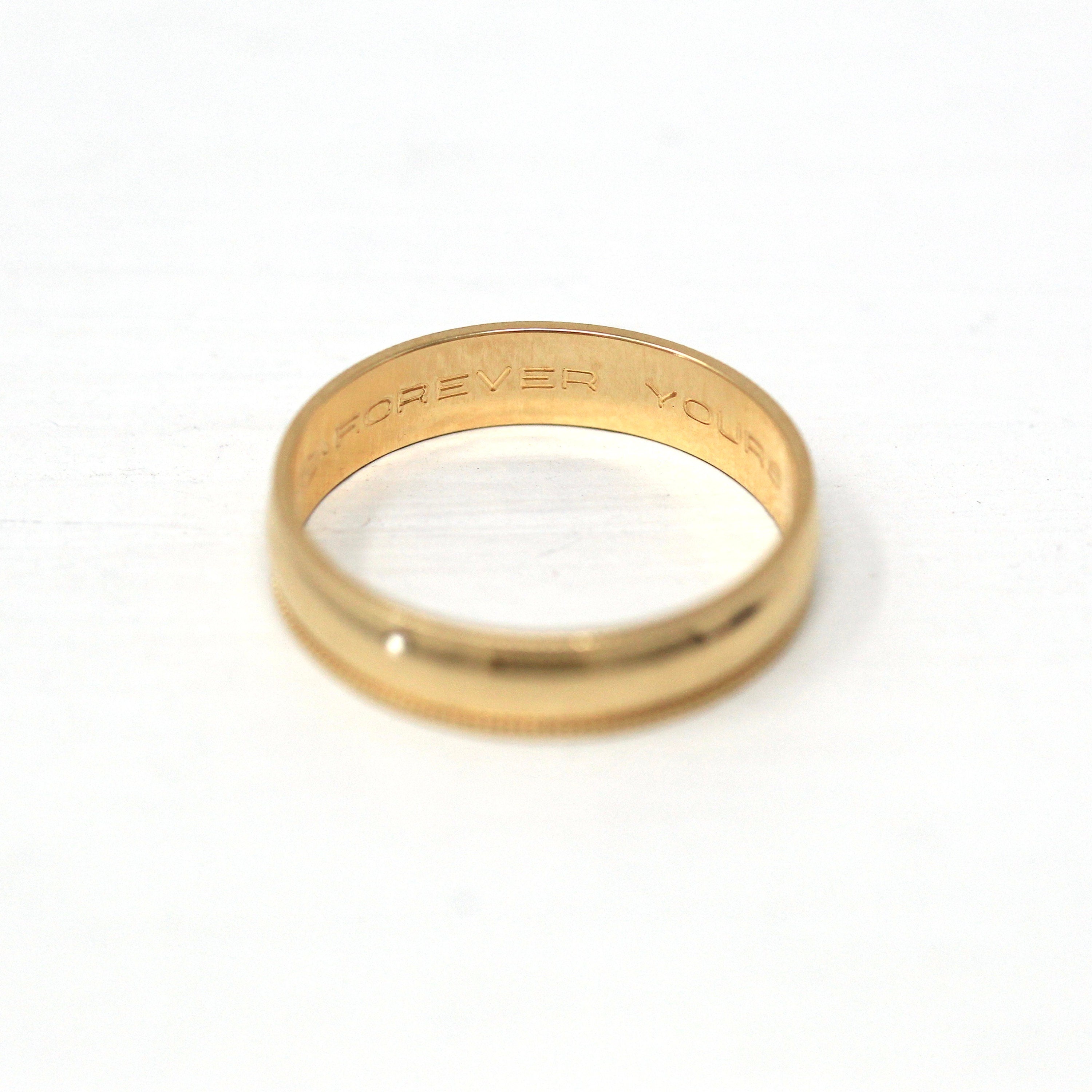 Estate Wedding Band - Modern 14k Yellow Gold Milgrain Eternity Designs Ring - Dated "9-8-90" Era Size 6 Fine "Forever Yours KER" 90s Jewelry