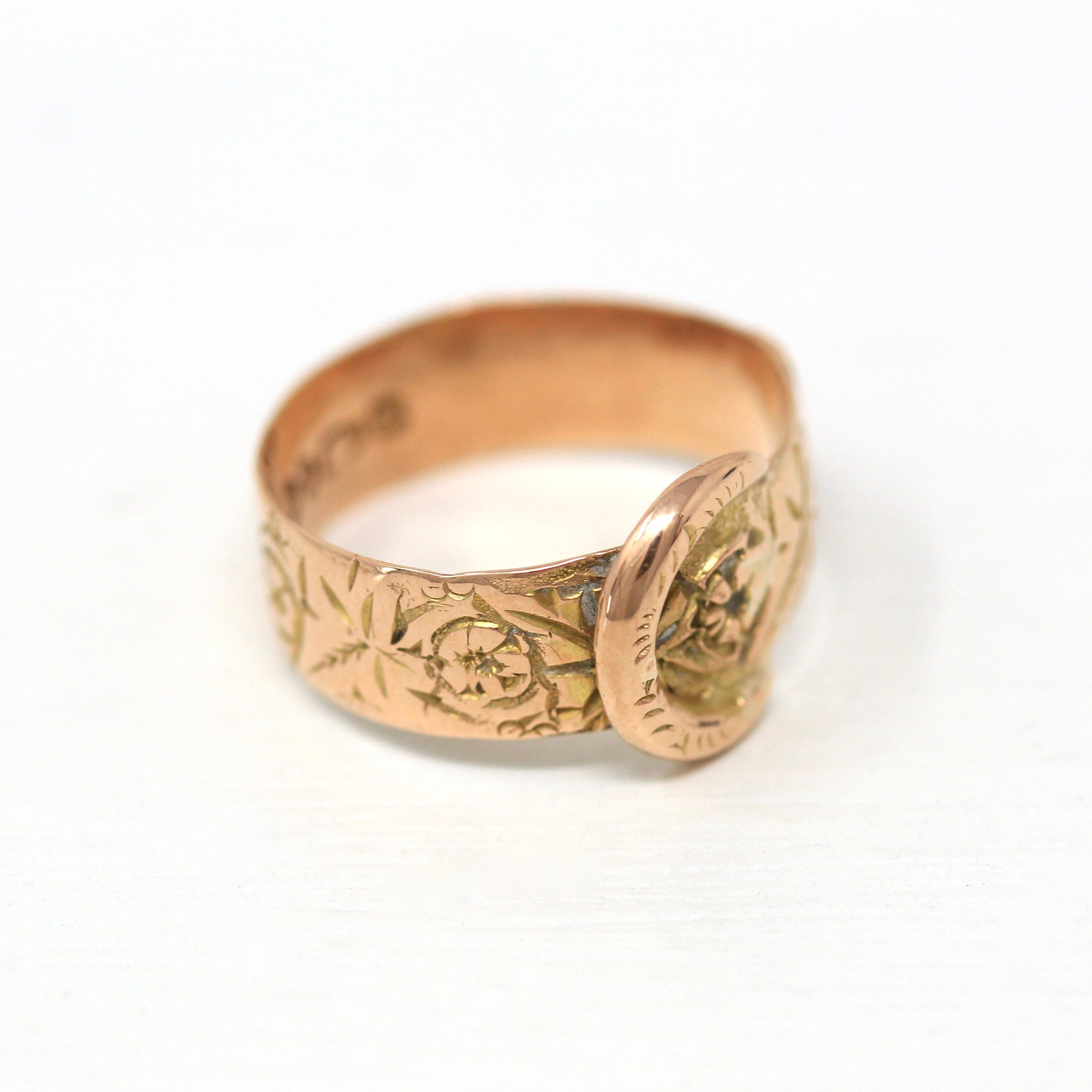 Antique Buckle Ring - Edwardian 9k Rose Gold English Belt Band - Vintage Hallmarked Chester 1913 Size 7 1/4 England Fine Wedding Jewelry