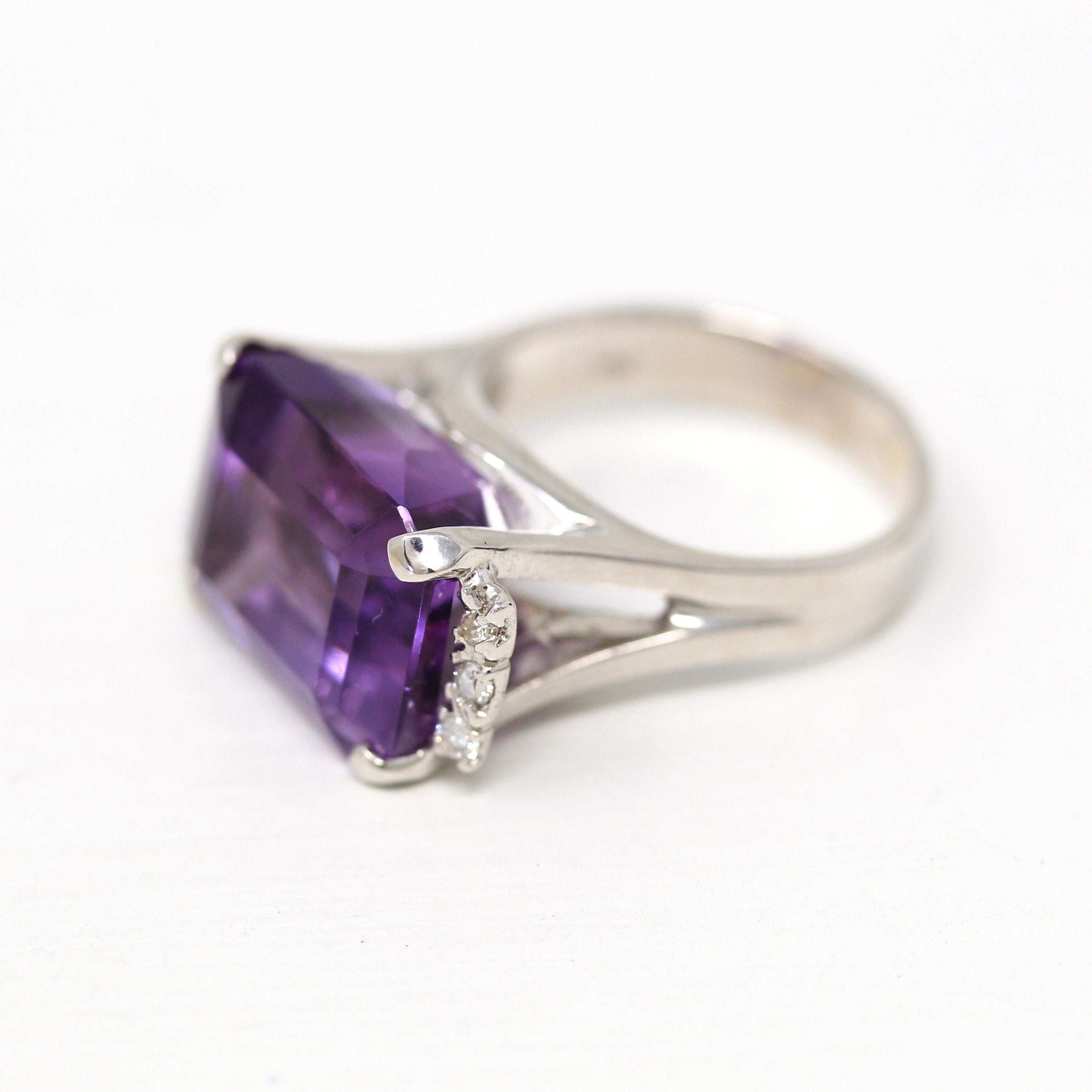 Amethyst & Diamond Ring - Estate 18k White Gold Genuine Purple 12.5 CT Gemstone - Modern Size 6.5 Diamond Fine Statement Cocktail Jewelry