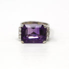 Amethyst & Diamond Ring - Estate 18k White Gold Genuine Purple 12.5 CT Gemstone - Modern Size 6.5 Diamond Fine Statement Cocktail Jewelry