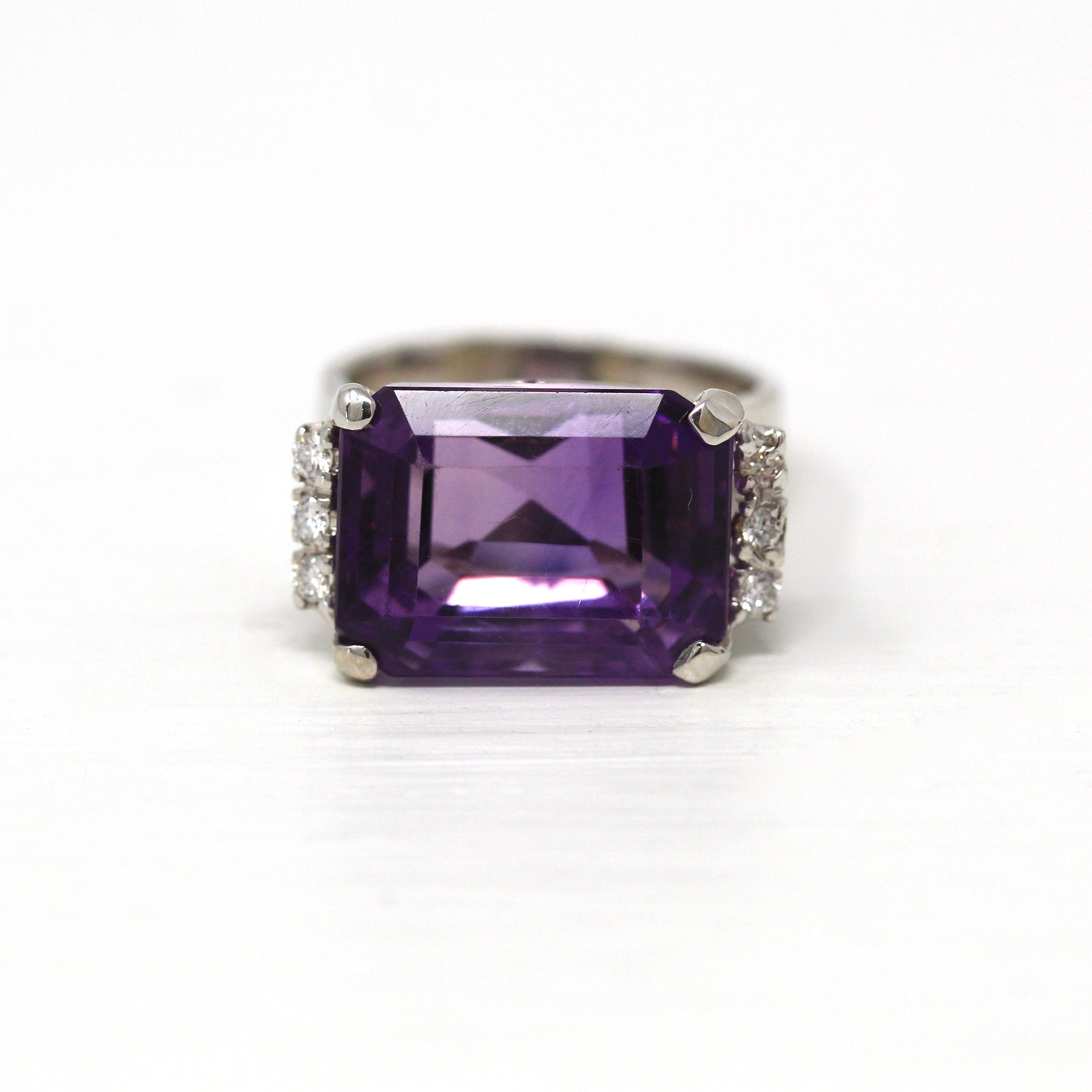 Sale - Amethyst & Diamond Ring - Estate 18k White Gold Genuine Purple 12.5 CT Gemstone - Modern Size 6.5 Diamond Statement Cocktail Jewelry