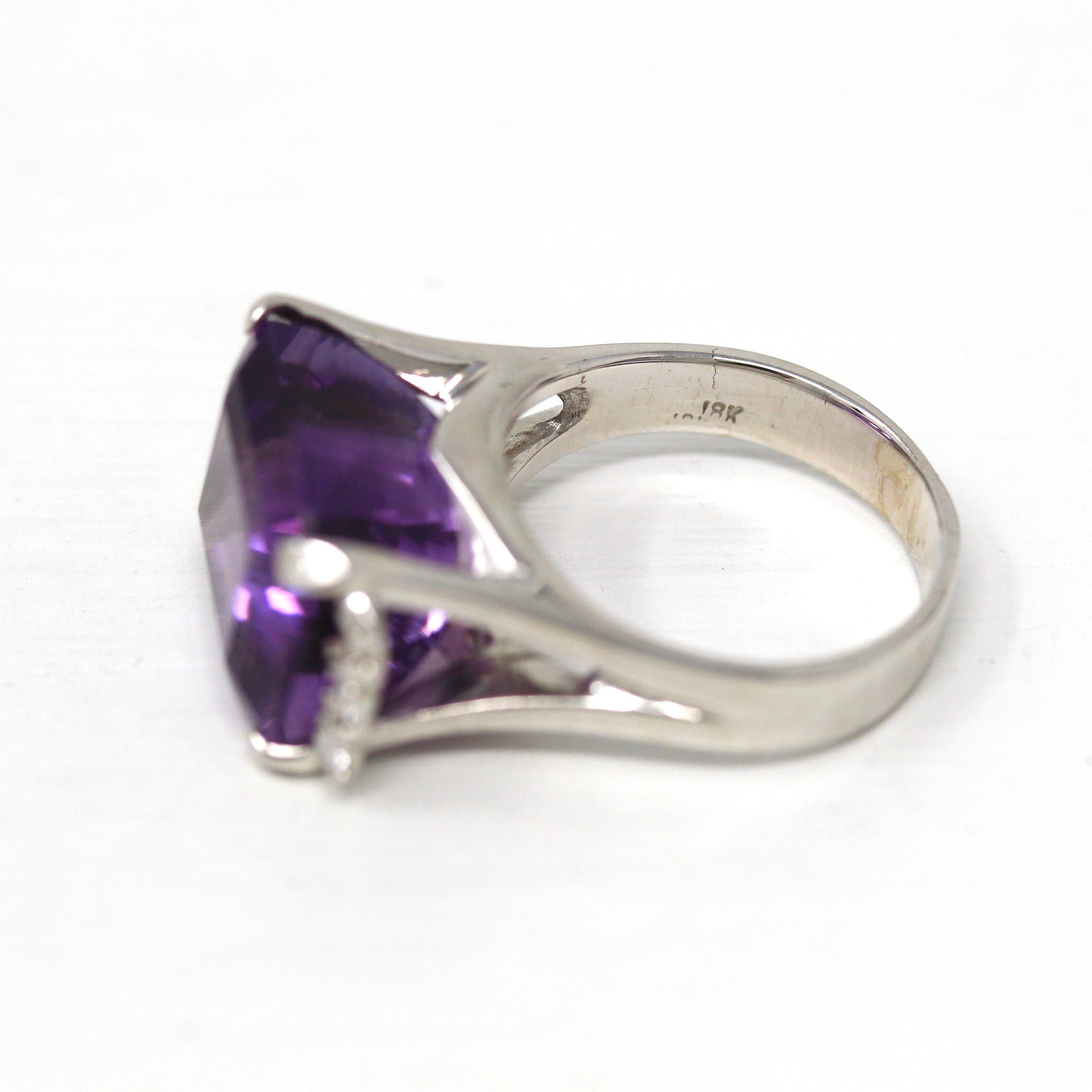 Amethyst & Diamond Ring - Estate 18k White Gold Genuine Purple 12.5 CT Gemstone - Modern Size 6.5 Diamond Fine Statement Cocktail Jewelry