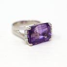 Sale - Amethyst & Diamond Ring - Estate 18k White Gold Genuine Purple 12.5 CT Gemstone - Modern Size 6.5 Diamond Statement Cocktail Jewelry