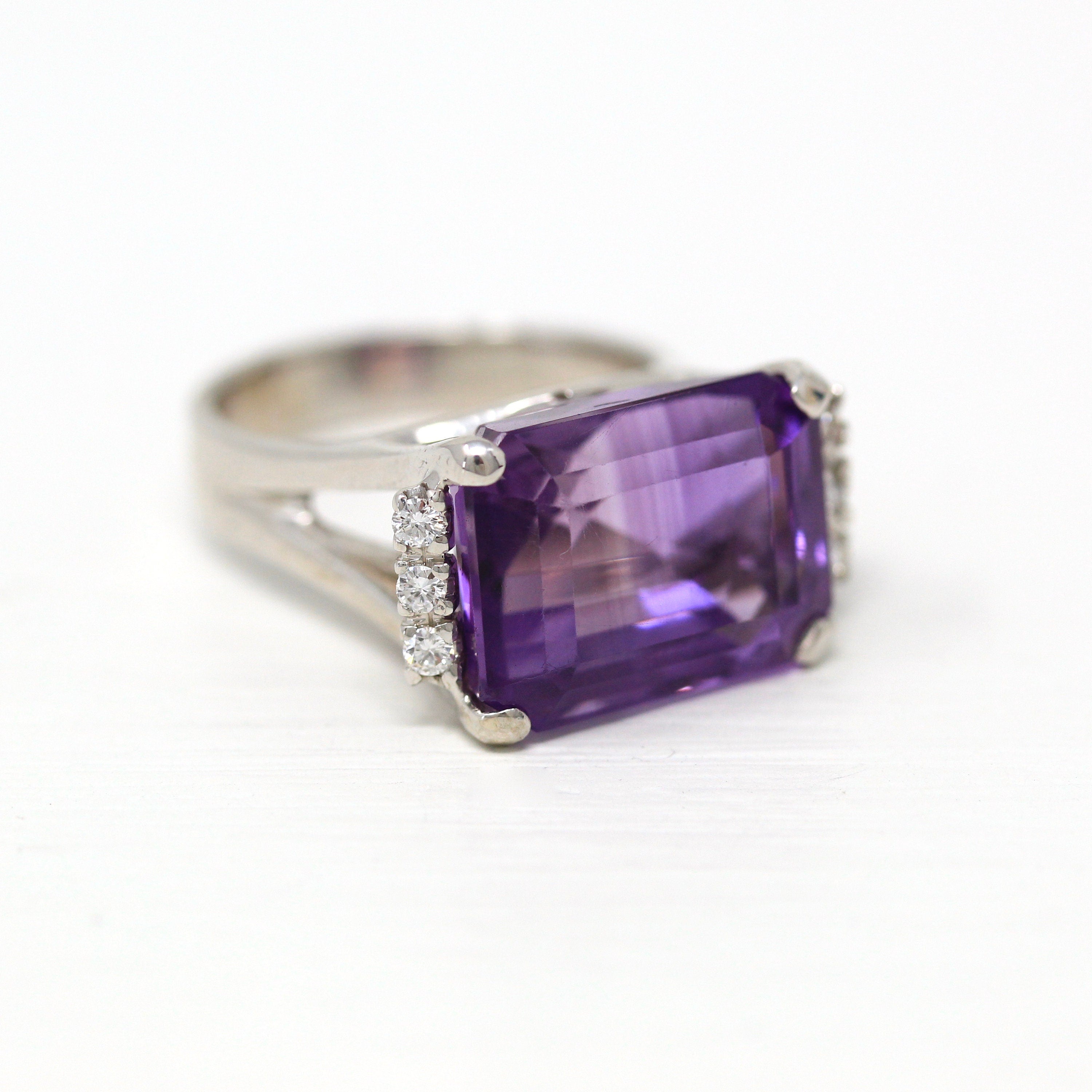 Amethyst & Diamond Ring - Estate 18k White Gold Genuine Purple 12.5 CT Gemstone - Modern Size 6.5 Diamond Fine Statement Cocktail Jewelry