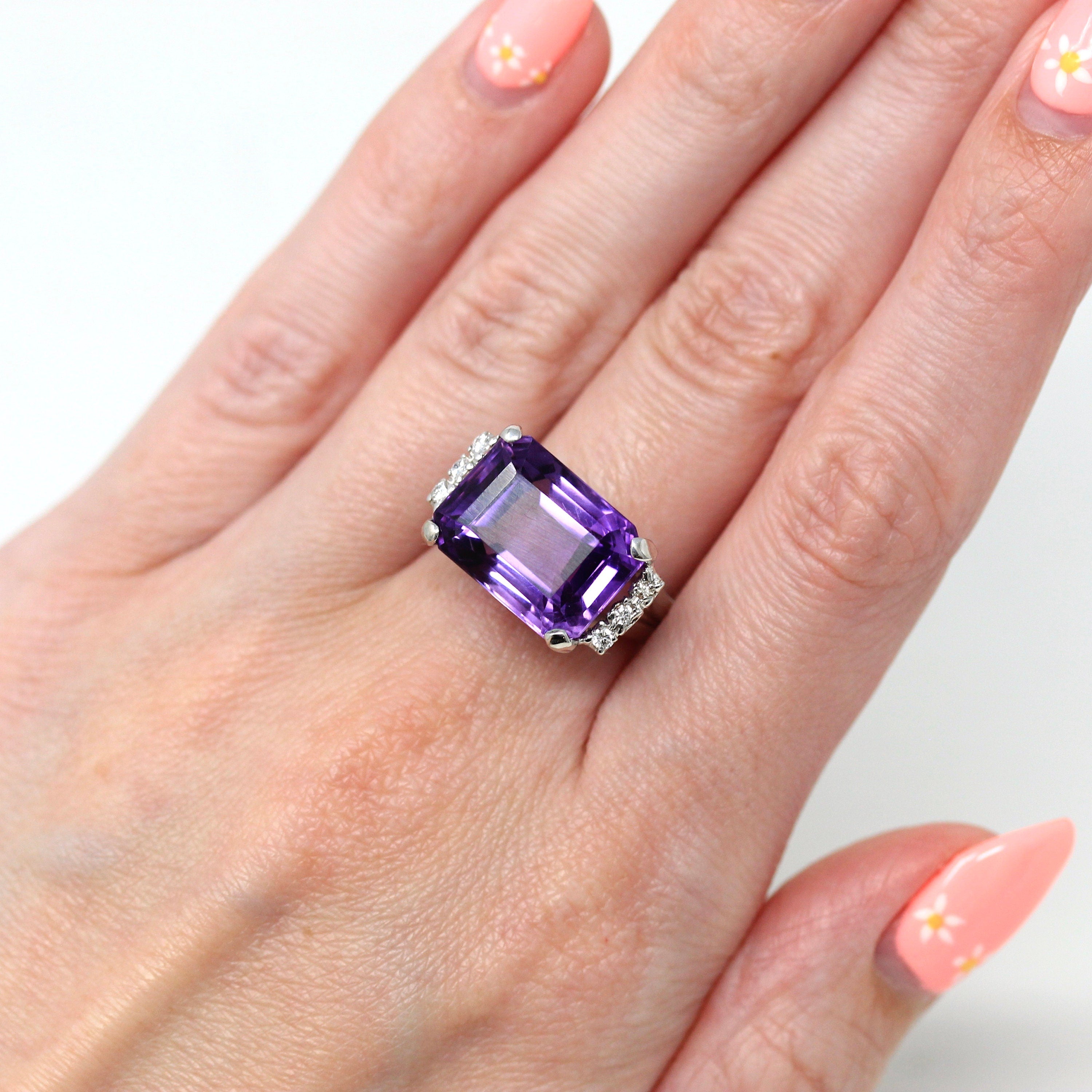 Sale - Amethyst & Diamond Ring - Estate 18k White Gold Genuine Purple 12.5 CT Gemstone - Modern Size 6.5 Diamond Statement Cocktail Jewelry