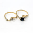 Wedding Ring Set - Retro Era 14k Yellow & White Gold Genuine .85 CT Blue Sapphire Gem - Vintage Circa 1970s Size 8 1/4 Diamond Fine Jewelry