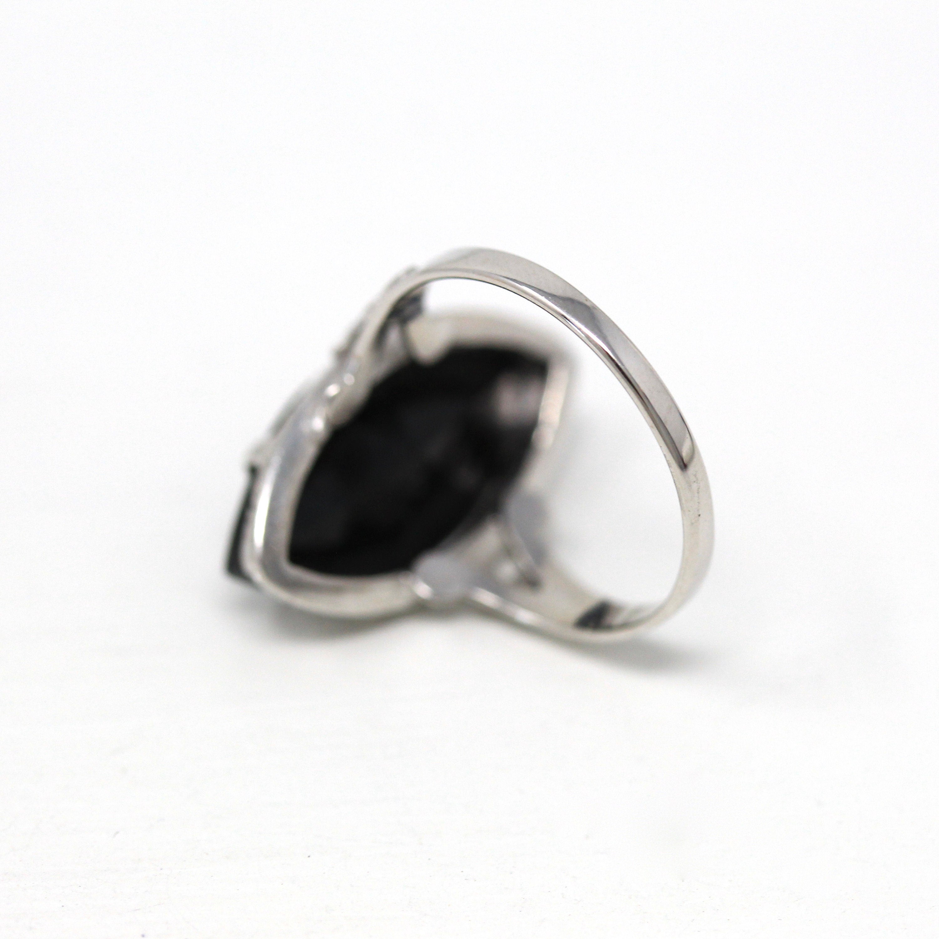 Vintage Onyx Ring - Art Deco 14k White Gold Genuine3.69 CT Gemstone - Vintage Circa 1930s Size 4.5 Fine Flower Navette Jewelry