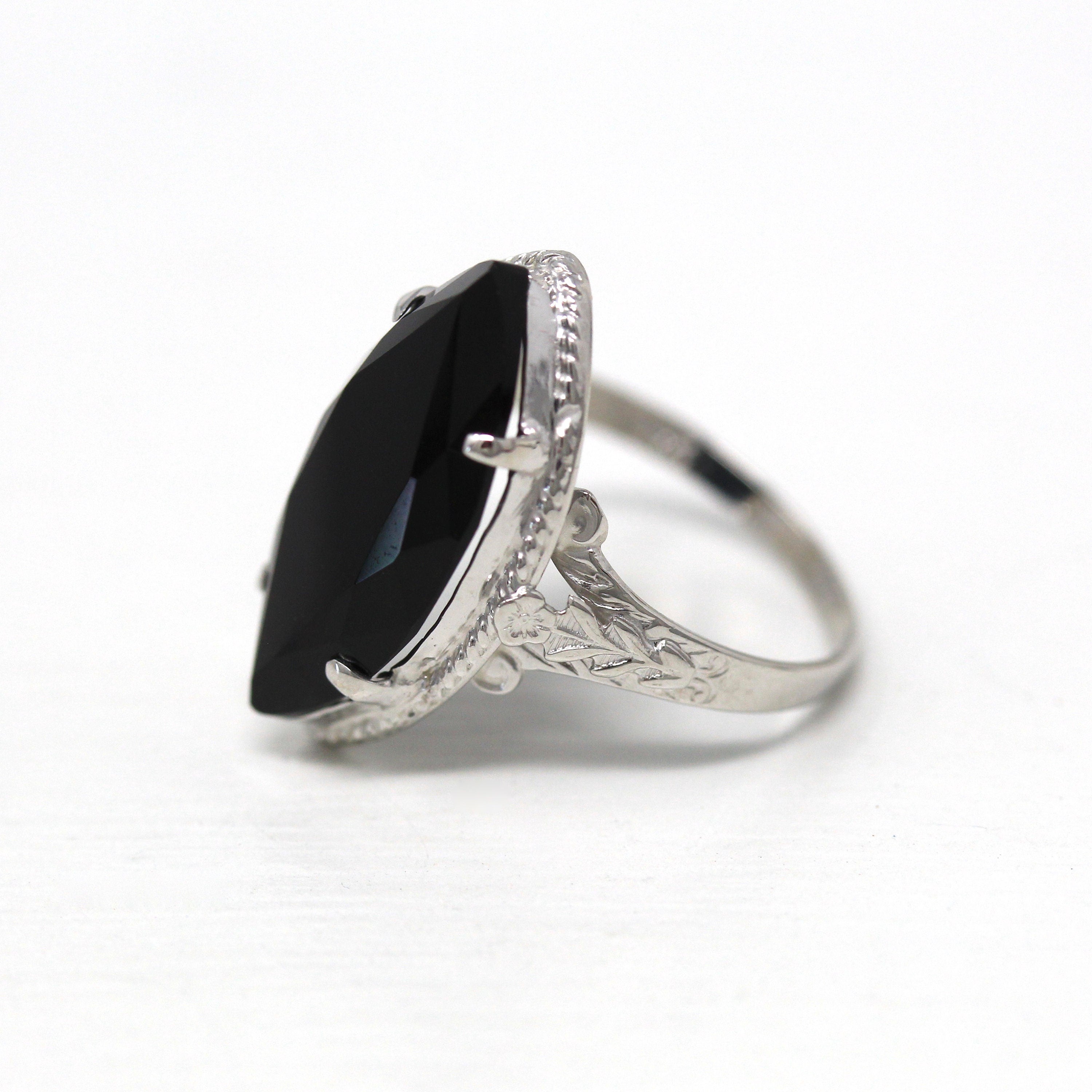 Vintage Onyx Ring - Art Deco 14k White Gold Genuine3.69 CT Gemstone - Vintage Circa 1930s Size 4.5 Fine Flower Navette Jewelry