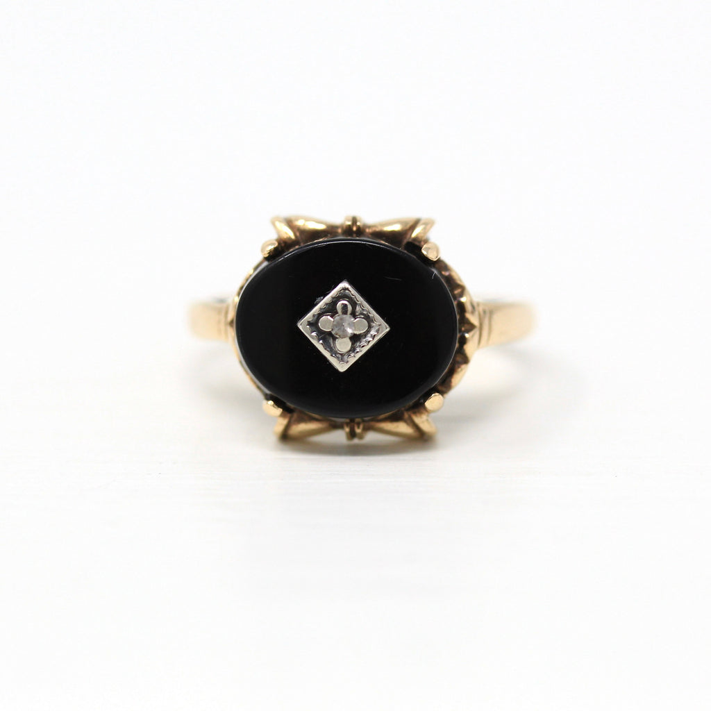Genuine Onyx Ring - Retro 10k Yellow Gold Black Oval Gemstone Statement - Vintage Circa 1940s Era Size 5 3/4 White Gem Fine 40s Jewelry