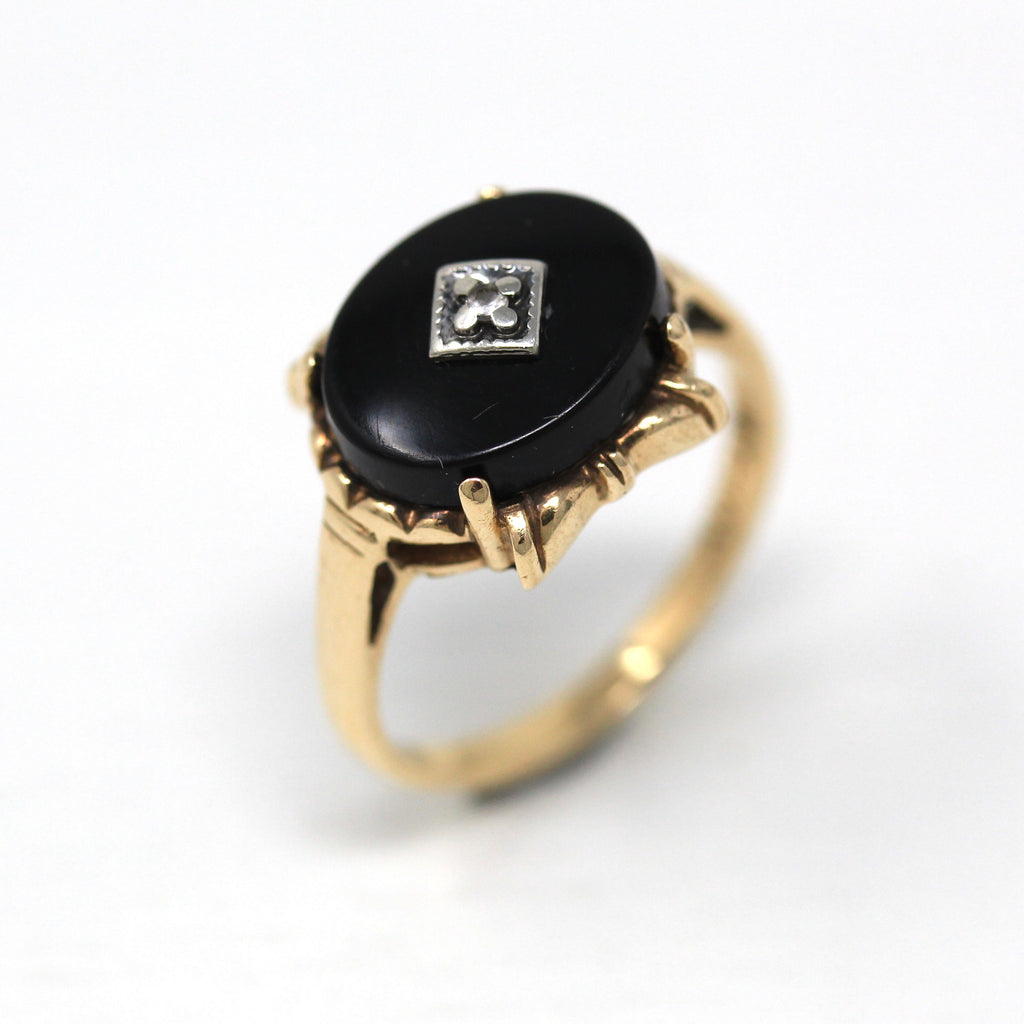 Genuine Onyx Ring - Retro 10k Yellow Gold Black Oval Gemstone Statement - Vintage Circa 1940s Era Size 5 3/4 White Gem Fine 40s Jewelry