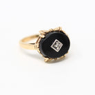 Genuine Onyx Ring - Retro 10k Yellow Gold Black Oval Gemstone Statement - Vintage Circa 1940s Era Size 5 3/4 White Gem Fine 40s Jewelry