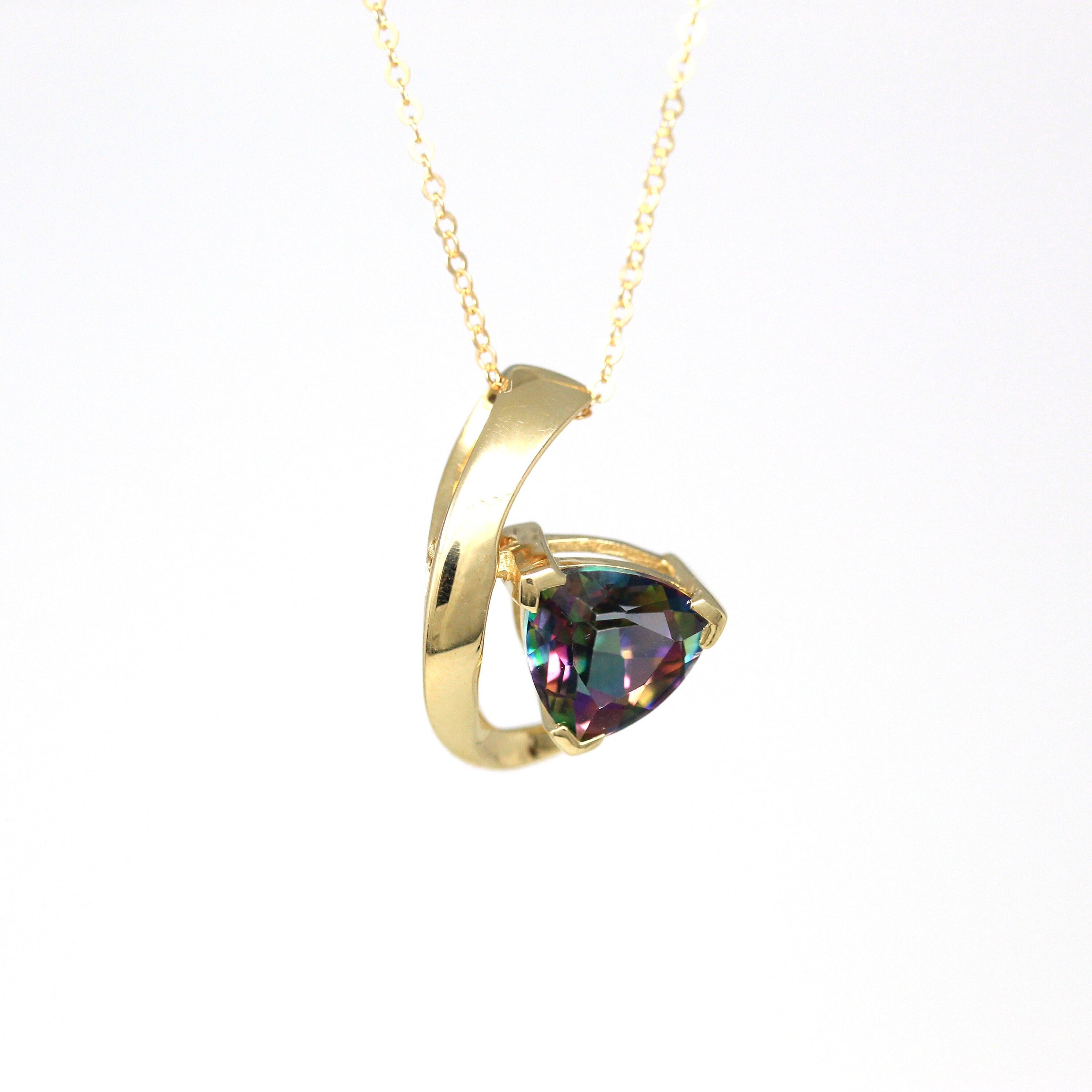 Mystic Topaz Necklace - Estate 14k Yellow Gold Trilliant Cut 2.58 CT Rainbow Gem - Vintage Circa 1990s Era Slide Style Pendant Fine Jewelry