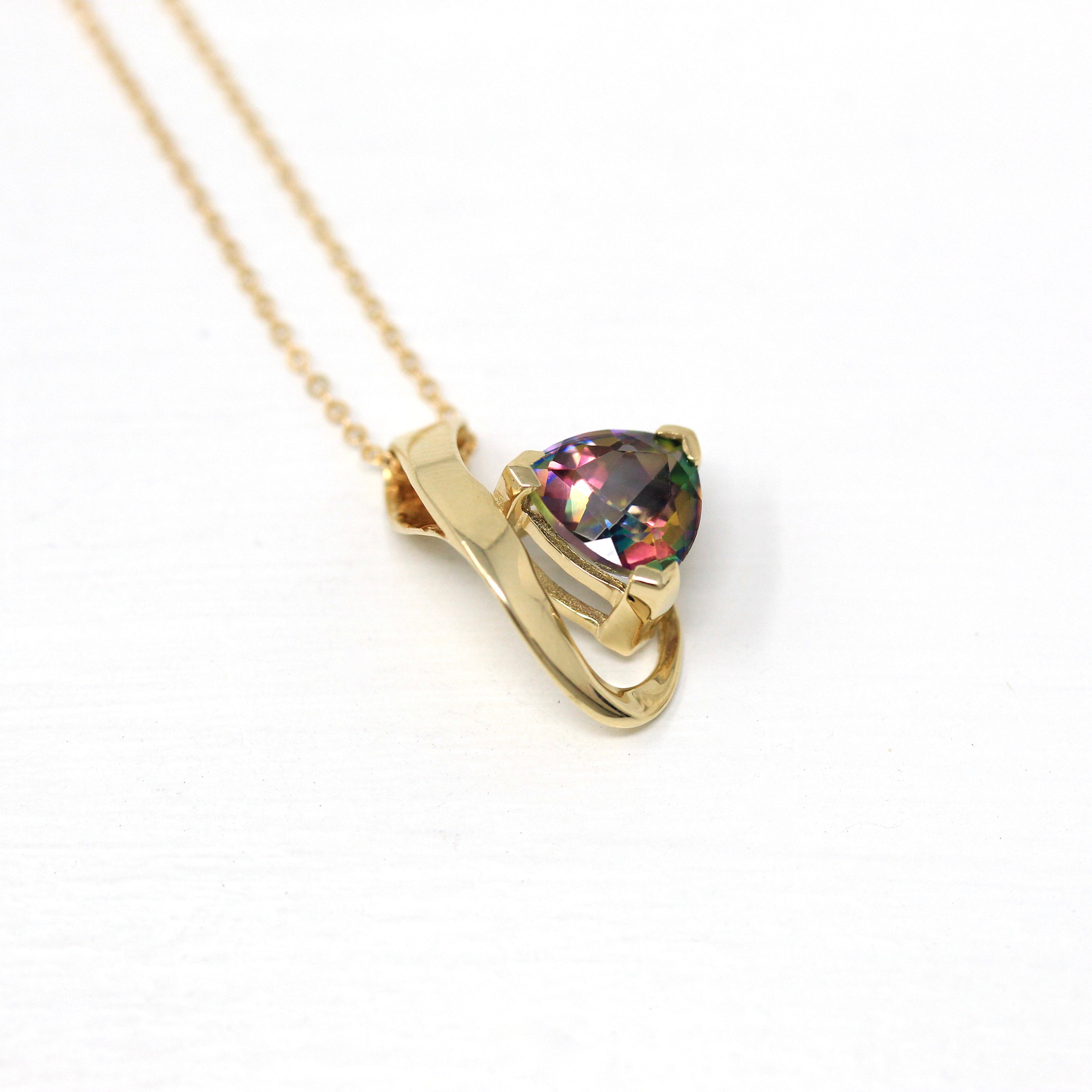 Mystic Topaz Necklace - Estate 14k Yellow Gold Trilliant Cut 2.58 CT Rainbow Gem - Vintage Circa 1990s Era Slide Style Pendant Fine Jewelry