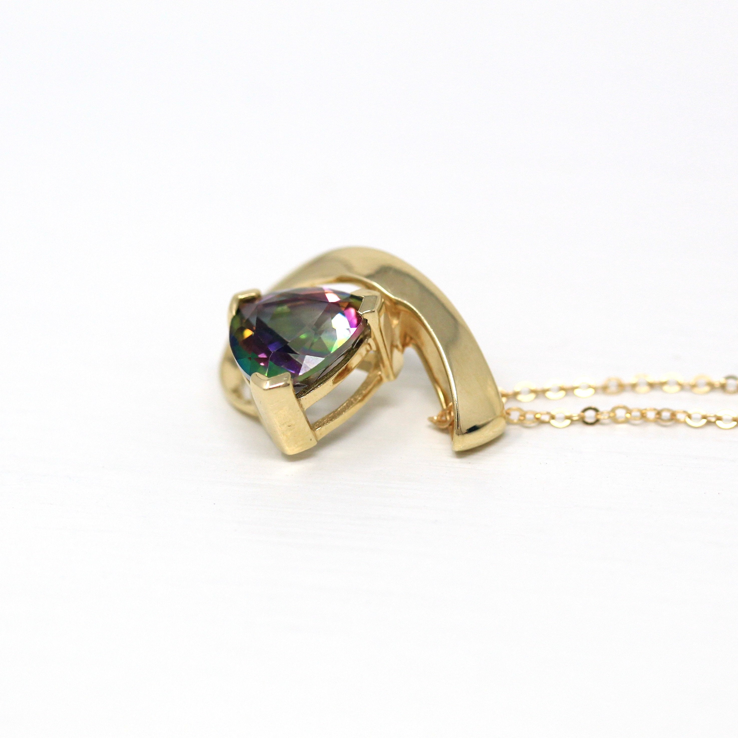 Mystic Topaz Necklace - Estate 14k Yellow Gold Trilliant Cut 2.58 CT Rainbow Gem - Vintage Circa 1990s Era Slide Style Pendant Fine Jewelry