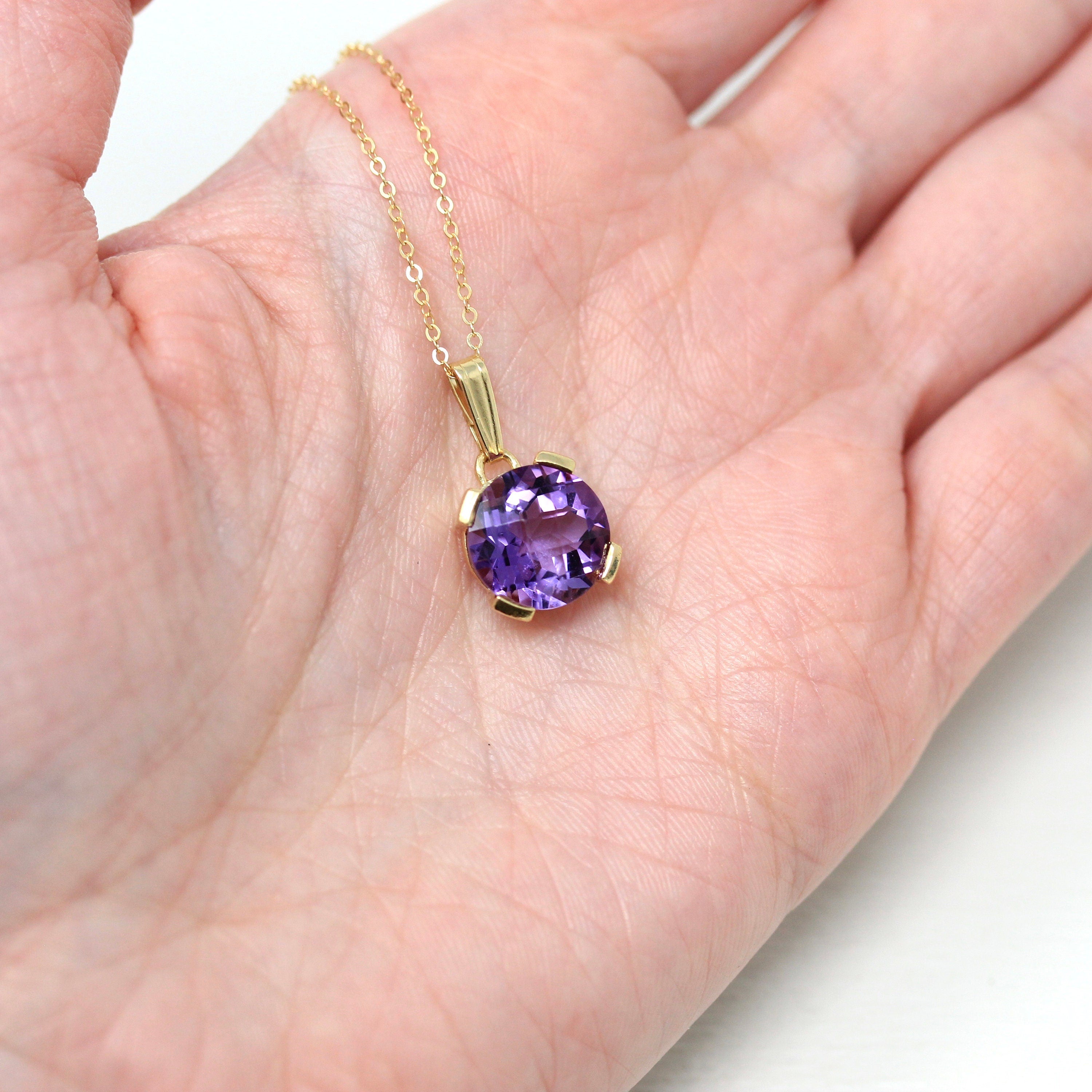 Genuine Amethyst Necklace - Estate 10k Yellow Gold Round Checkerboard Cut Purple Gem Pendant Charm - Modern February Birthstone Fine Jewelry