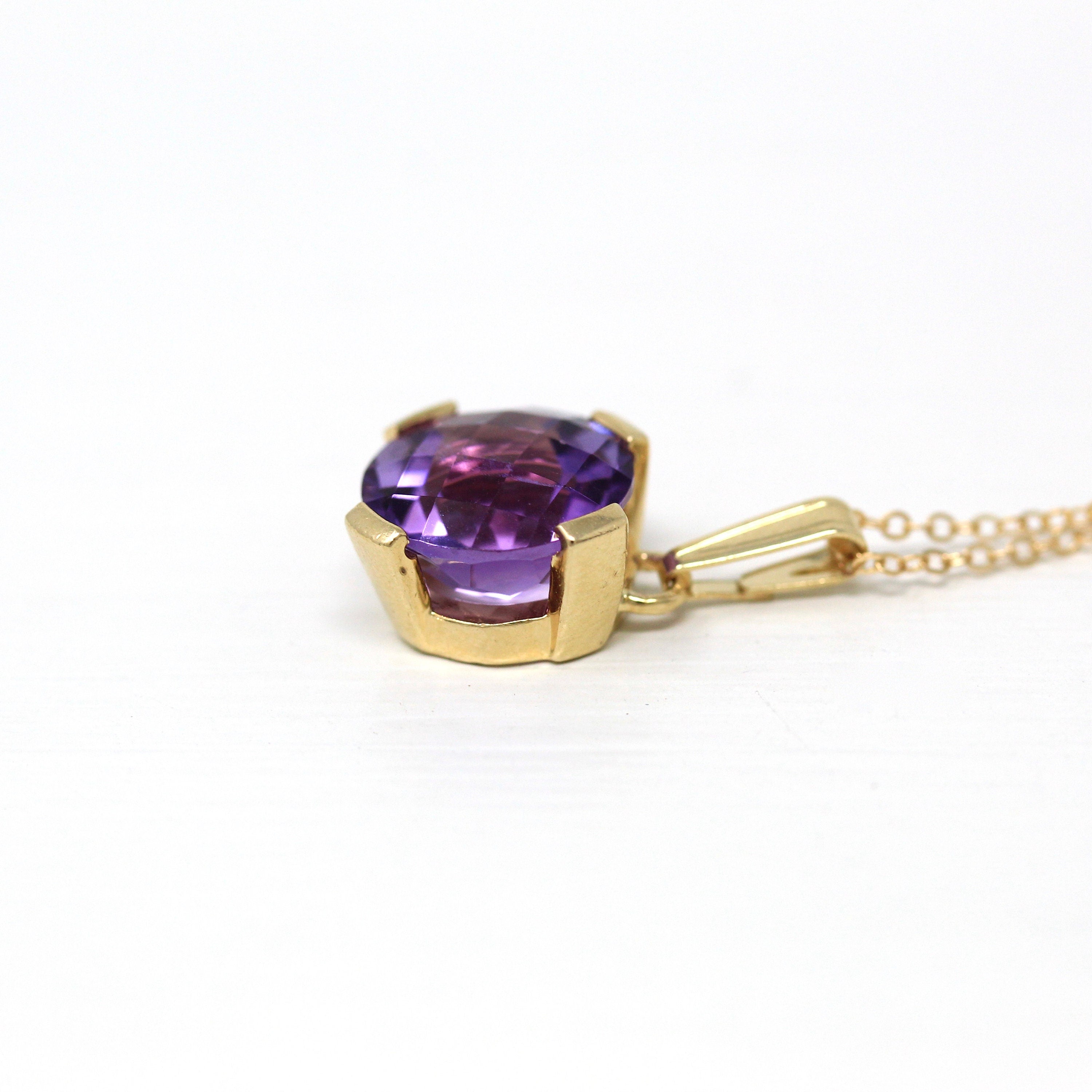 Genuine Amethyst Necklace - Estate 10k Yellow Gold Round Checkerboard Cut Purple Gem Pendant Charm - Modern February Birthstone Fine Jewelry