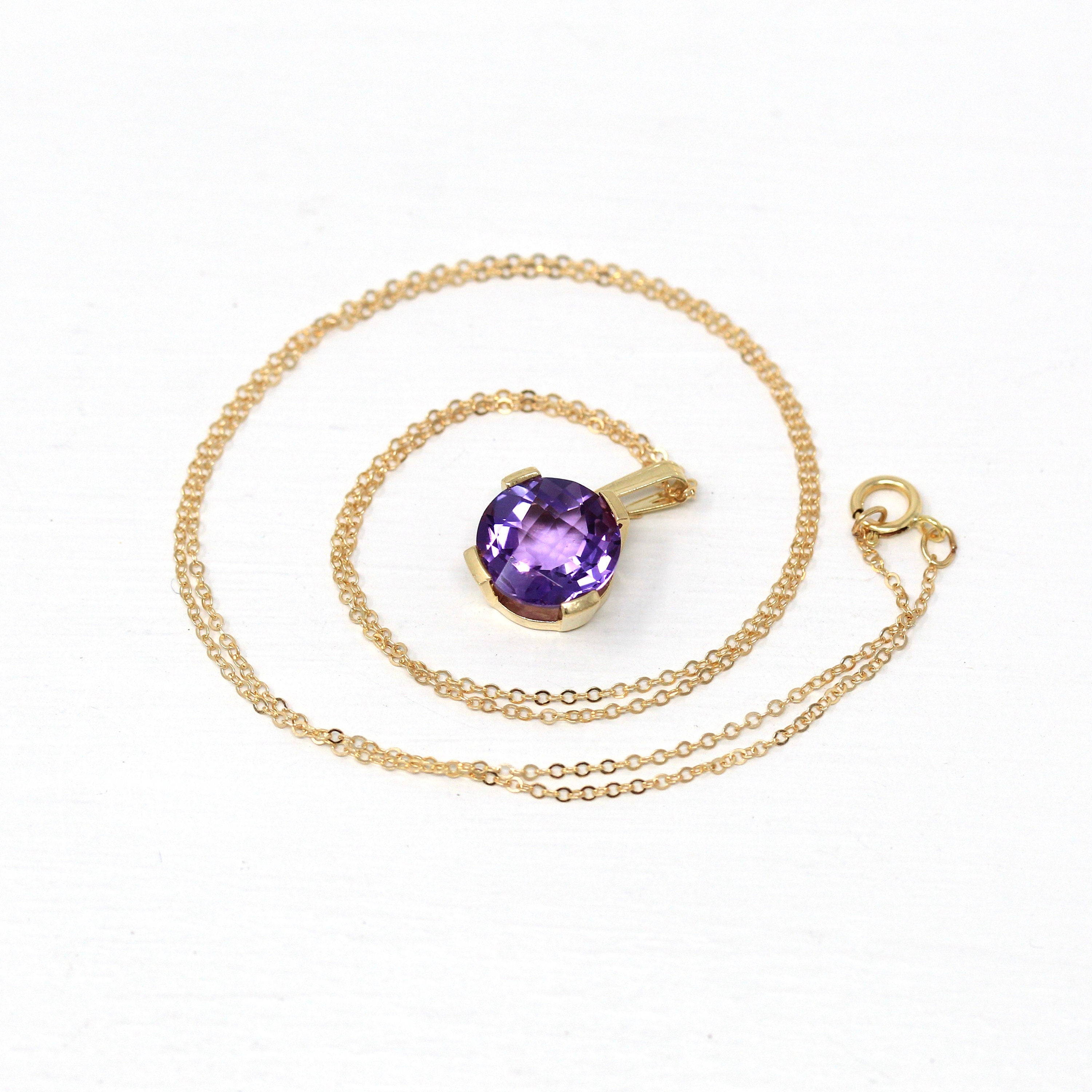 Genuine Amethyst Necklace - Estate 10k Yellow Gold Round Checkerboard Cut Purple Gem Pendant Charm - Modern February Birthstone Fine Jewelry