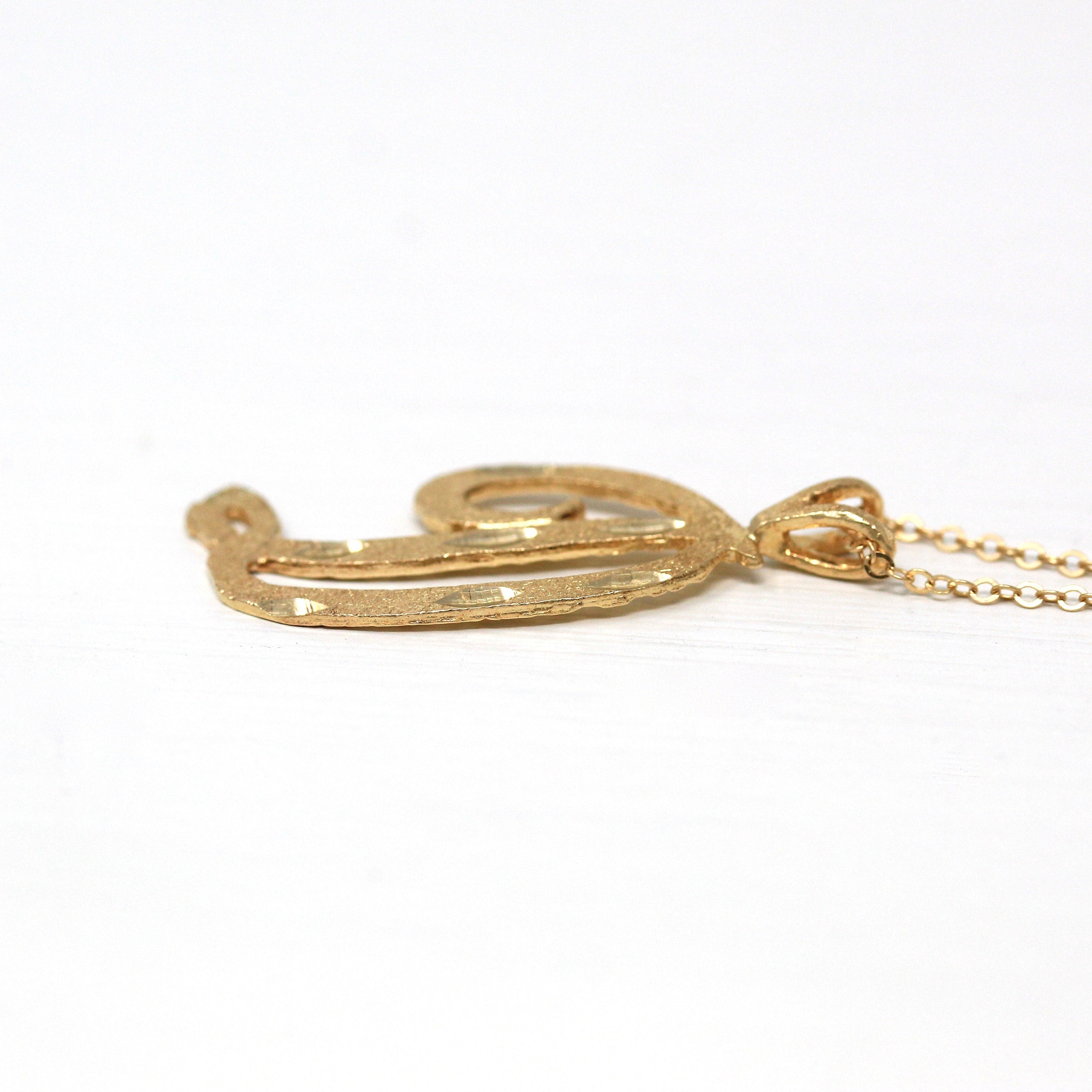 Letter "D" Necklace - Modern 14k Yellow Gold Diamond Cut Charm Pendant - Estate Circa 2000's Era Cursive Single Initial Name Fine Jewelry