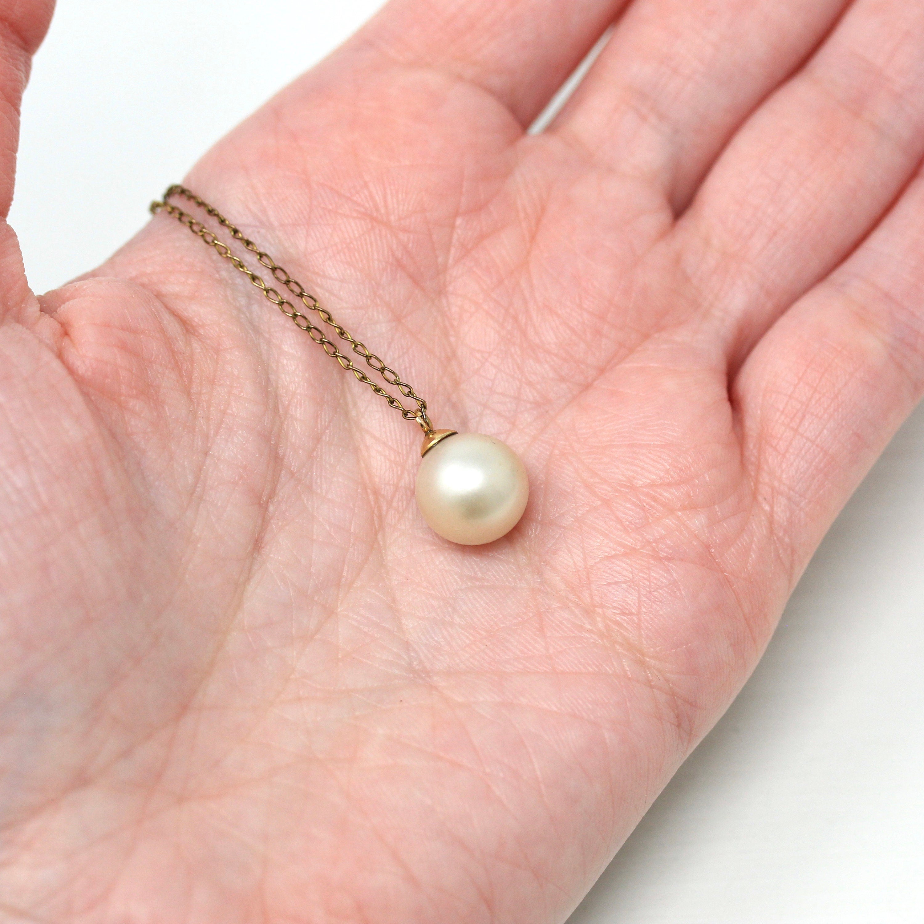 Simulated Pearl Pendant - Retro Gold Filled Round Off White Charm Necklace - Vintage Circa 1960s Era June Birthstone Beach Mermaid Jewelry