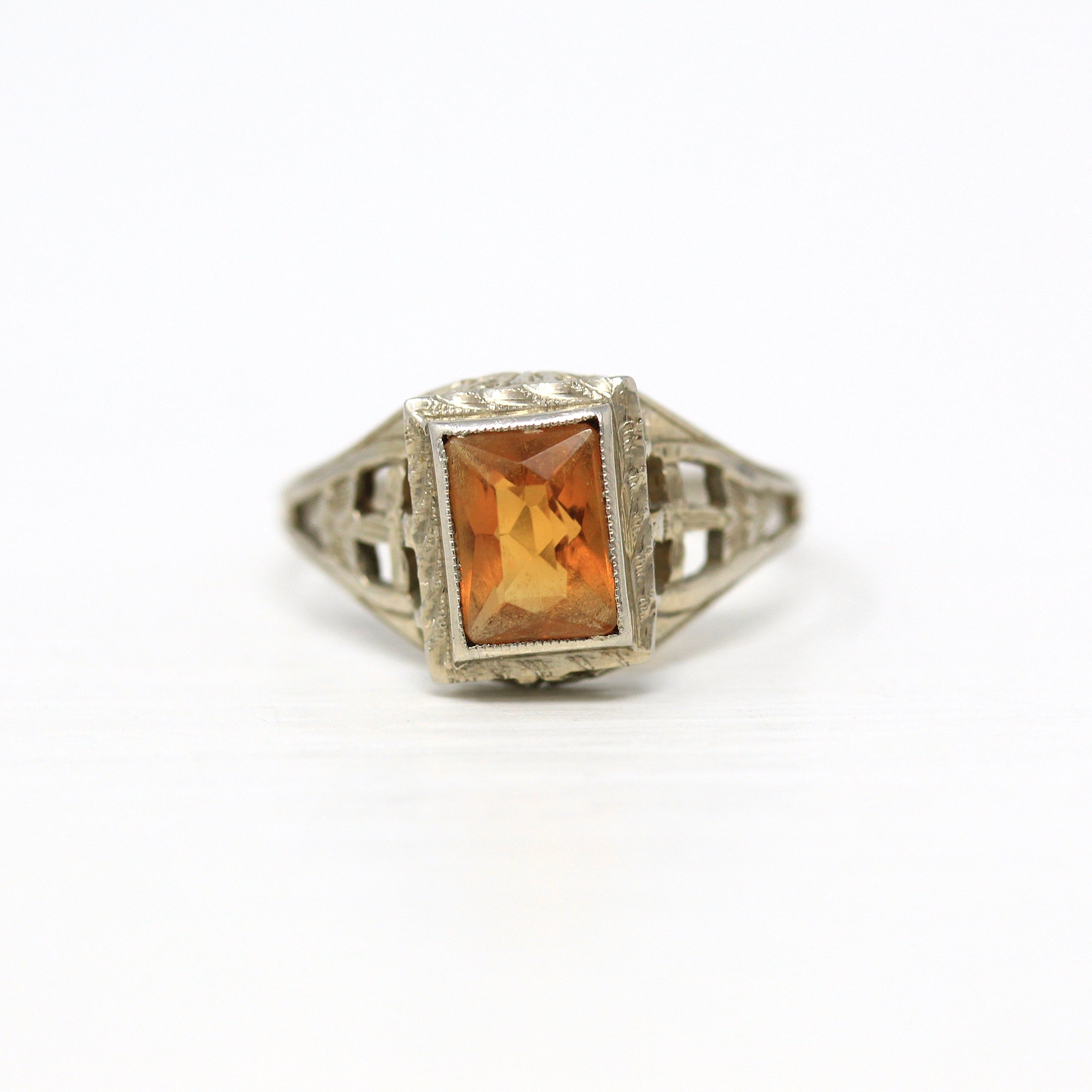 Genuine Citrine Ring - Art Deco 18k White Gold Filigree Rectangular Faceted 2.06 CT Gemstone - Vintage Circa 1930s Size 6 1/4 Fine Jewelry