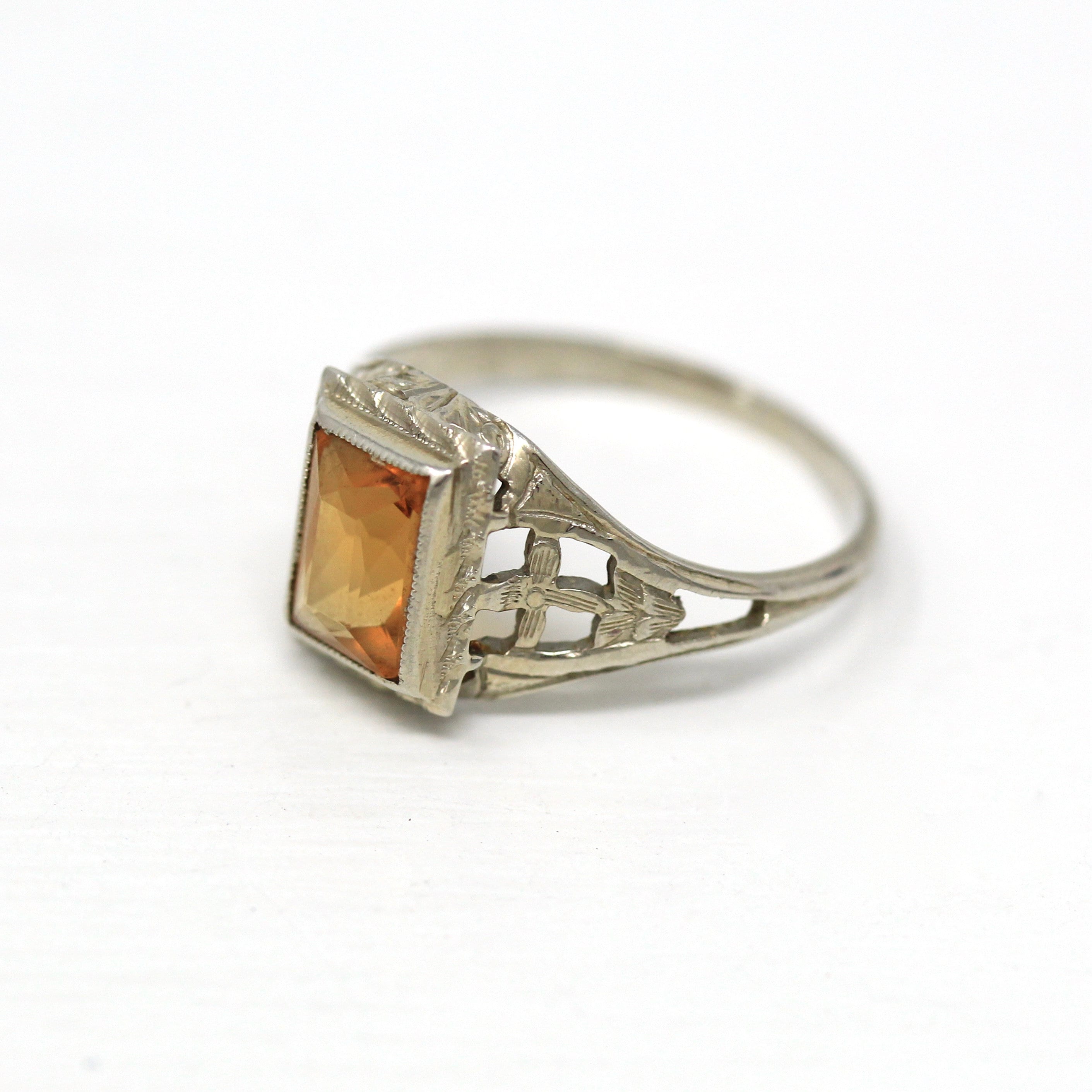 Genuine Citrine Ring - Art Deco 18k White Gold Filigree Rectangular Faceted 2.06 CT Gemstone - Vintage Circa 1930s Size 6 1/4 Fine Jewelry