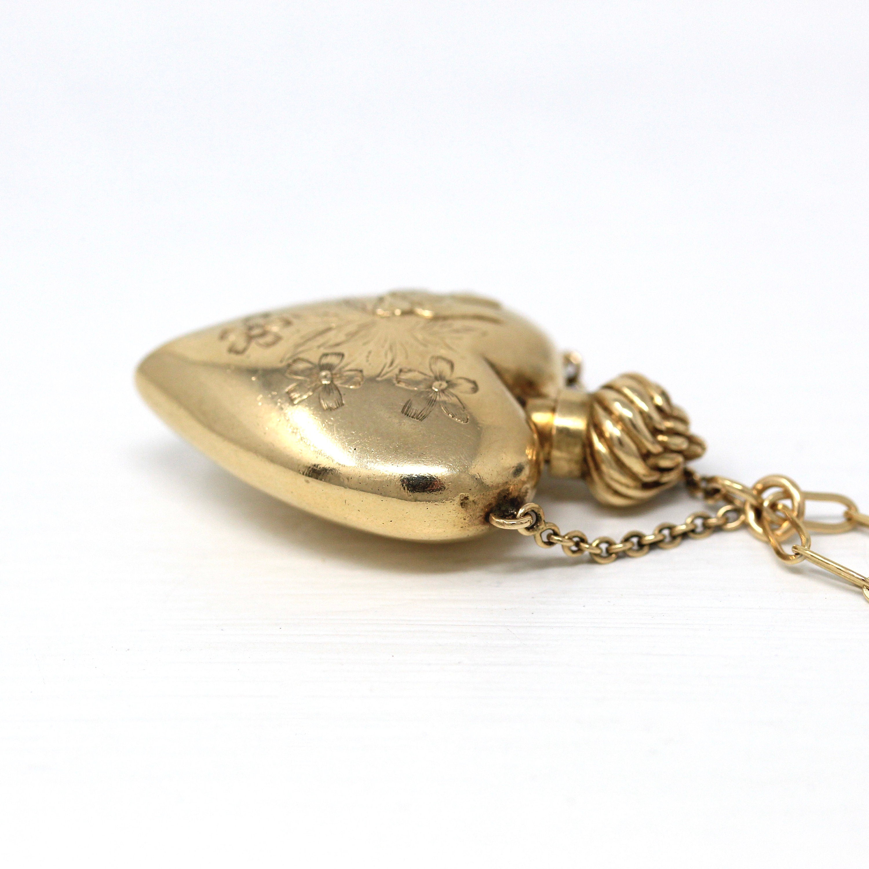 Victorian Perfume Bottle - Antique 14k Yellow Gold Heart Shaped Bird Flower Pendant Charm - Vintage Circa 1890s Era Symbolic Fine Jewelry