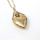 Victorian Perfume Bottle - Antique 14k Yellow Gold Heart Shaped Bird Flower Pendant Charm - Vintage Circa 1890s Era Symbolic Fine Jewelry