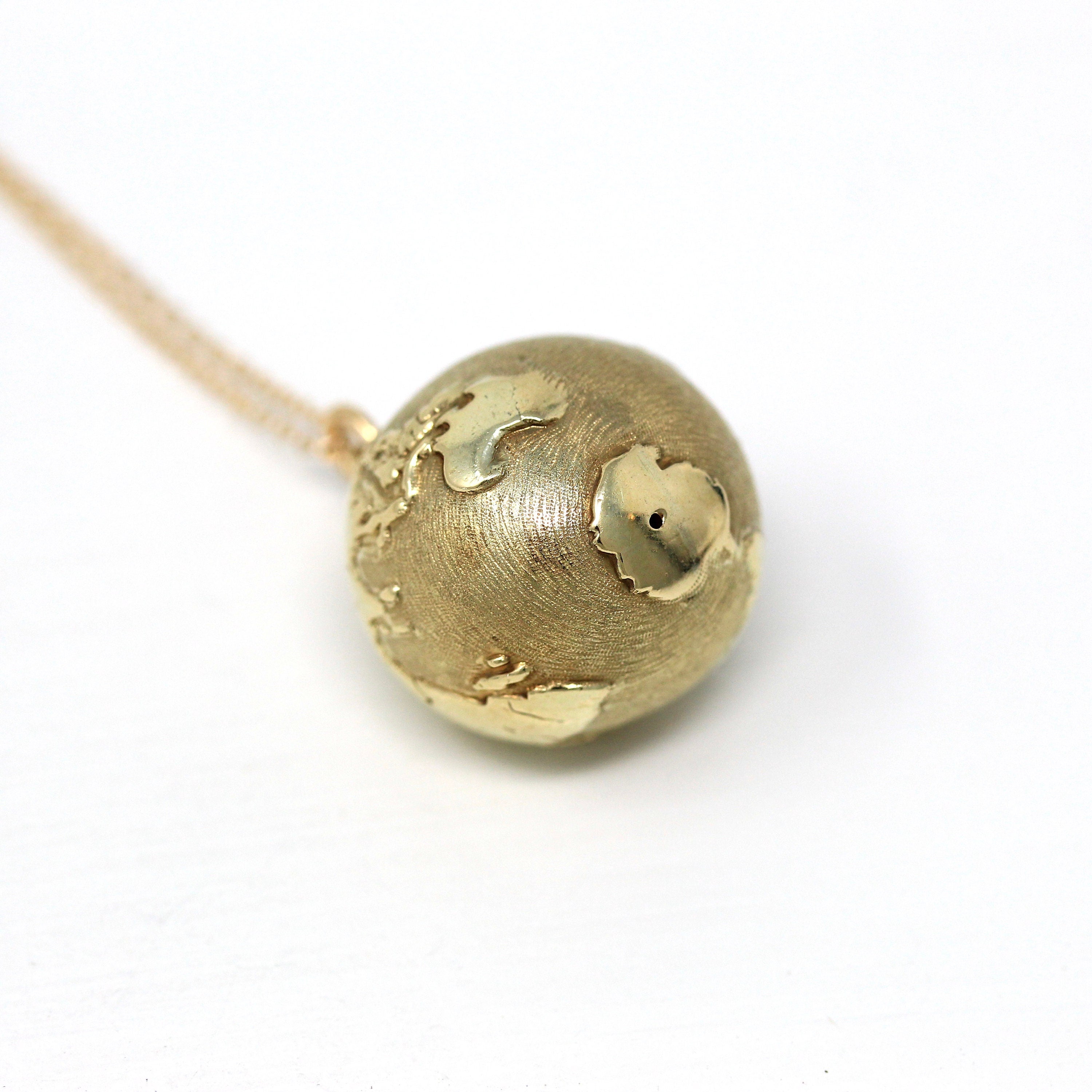 Sale - World Globe Charm - Retro 14k Yellow Gold Figural Round Continents Pendant Necklace - Vintage Circa 1970s Traveling Gift 70s Jewelry