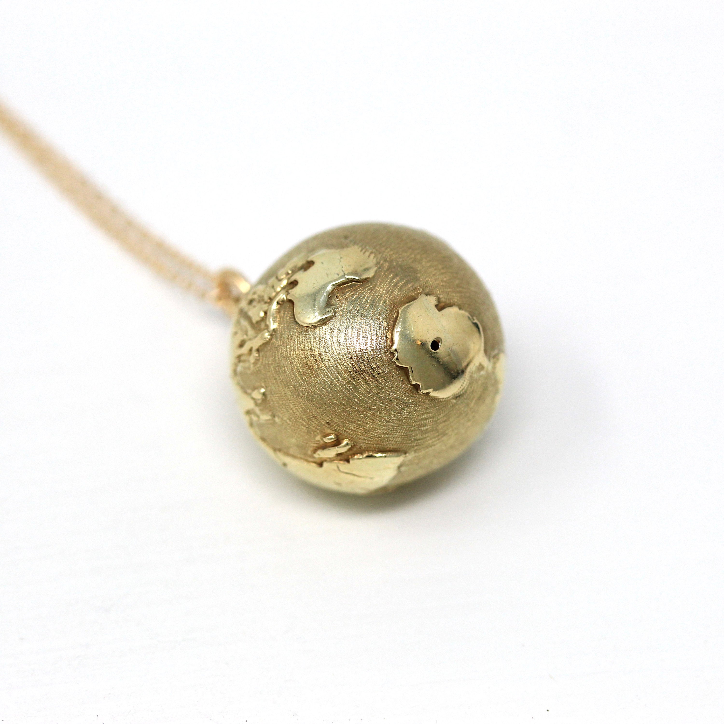 World Globe Charm - Retro 14k Yellow Gold Figural Round Continents Pendant Necklace - Vintage Circa 1970s Traveling Gift 70s Fine Jewelry